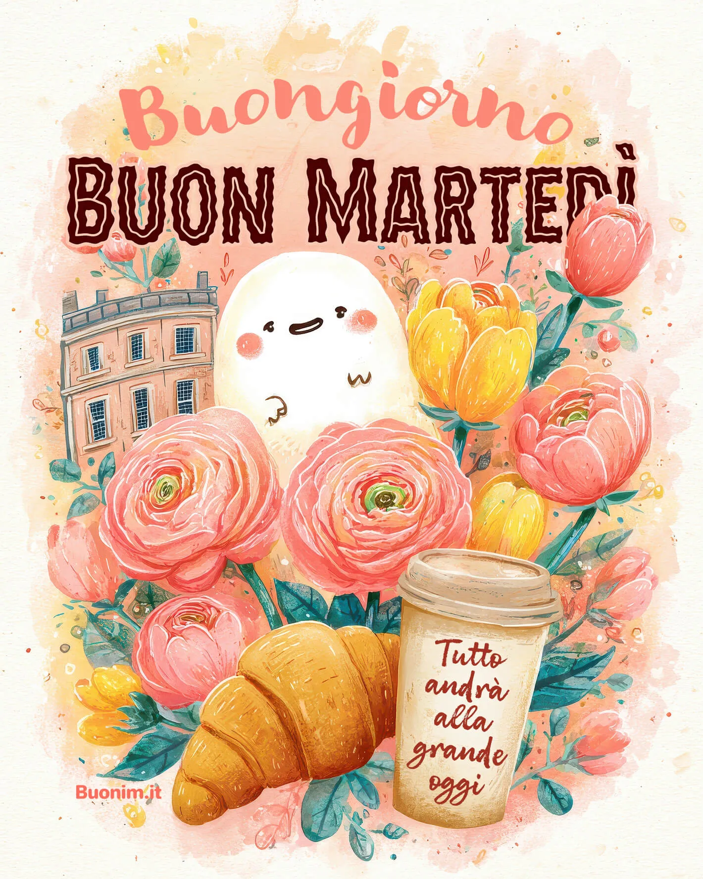 Inizio sereno di Martedì con fiori e buon caffè Tra rose e farfalle, il messaggio "Tutto andrà alla grande oggi" dà coraggio. Buongiorno e Buon Martedì, con la giusta energia per iniziare e pensare positivo.