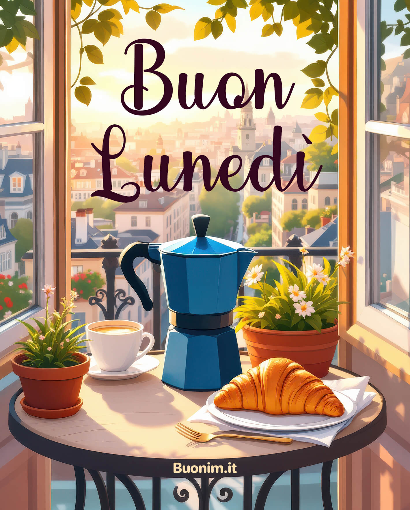 Inizio settimana, Buon Lunedì con moka e luce Dalla finestra entra la luce e la moka fa compagnia. Buon Lunedì e buona giornata, questa immagine scalda il cuore e porta calma, sorrisi e carica.