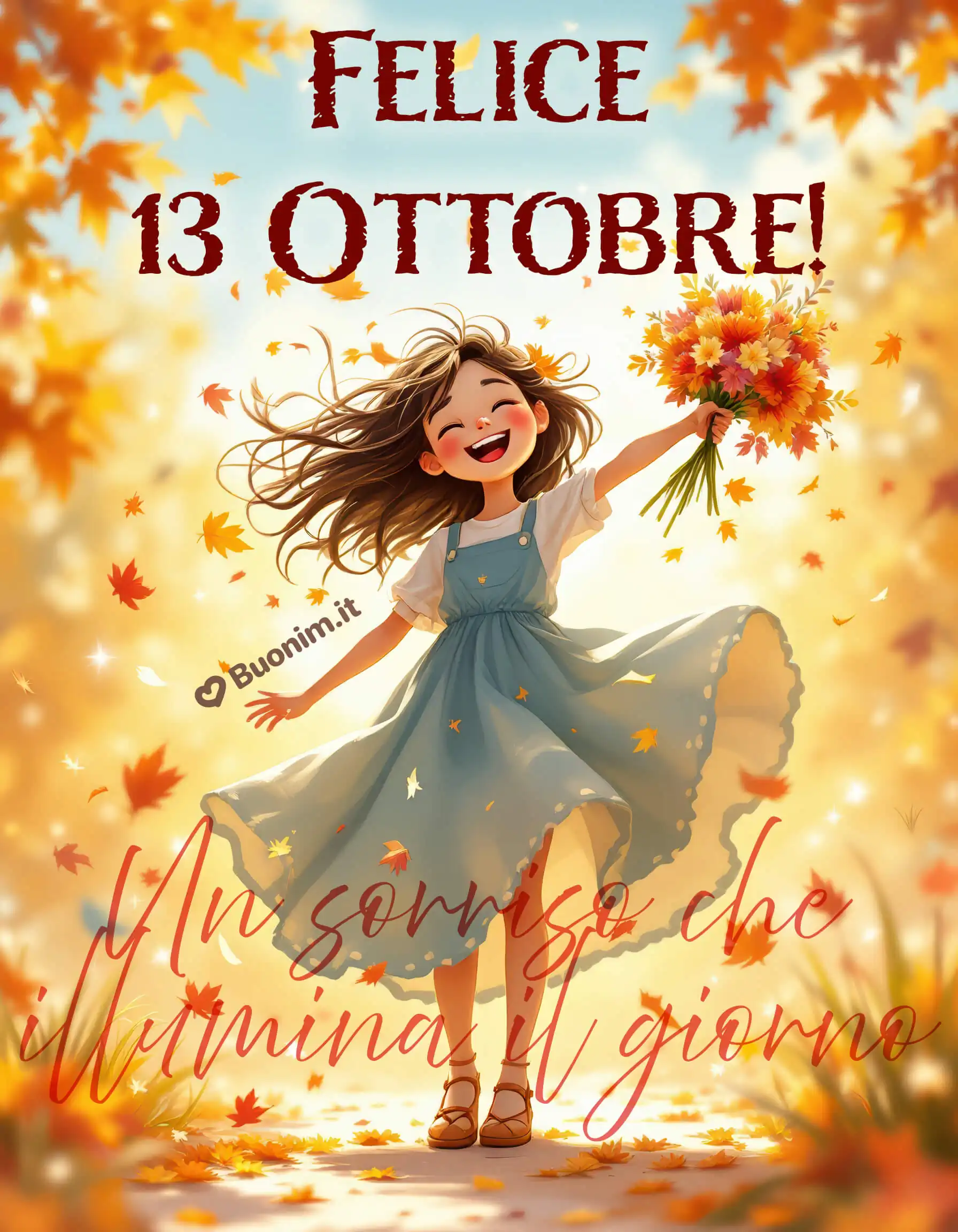 Un sorriso che accende il 13 ottobre La gioia semplice di una mattina autunnale piena di luce e colori. Condividi questa immagine allegra e lascia che un sorriso illumini la giornata di chi ami