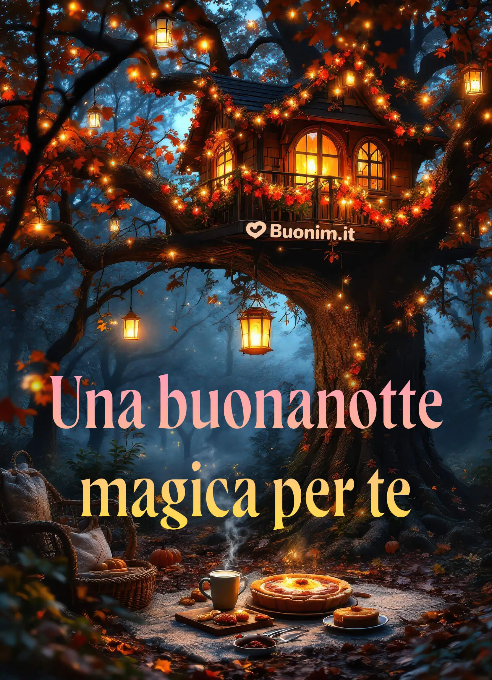 Casetta sull’albero accesa di magia autunnale Lanterne calde, foglie rosse, profumo di torta e tisana fumante. Rallenta il respiro e fatti avvolgere da questa coccola di luce, ti auguro sogni d’oro e un risveglio morbido. Condividi la dolcezza e regala affetto su WhatsApp.