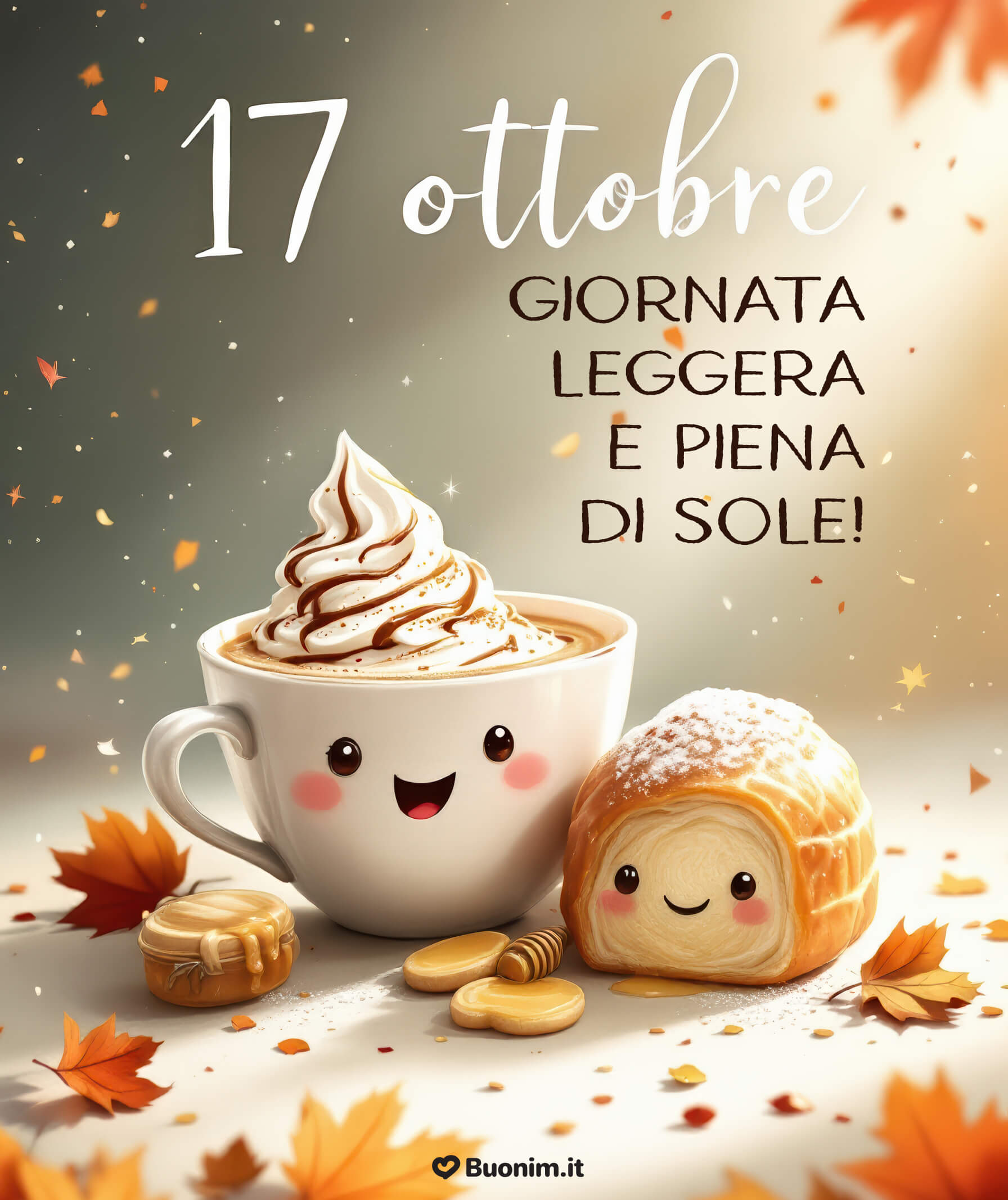 Buongiorno pieno di sole e leggerezza Lascia che il 17 ottobre inizi con tenerezza e un sorriso. Questa immagine calda e luminosa ti augura una giornata piena di affetto e serenità.