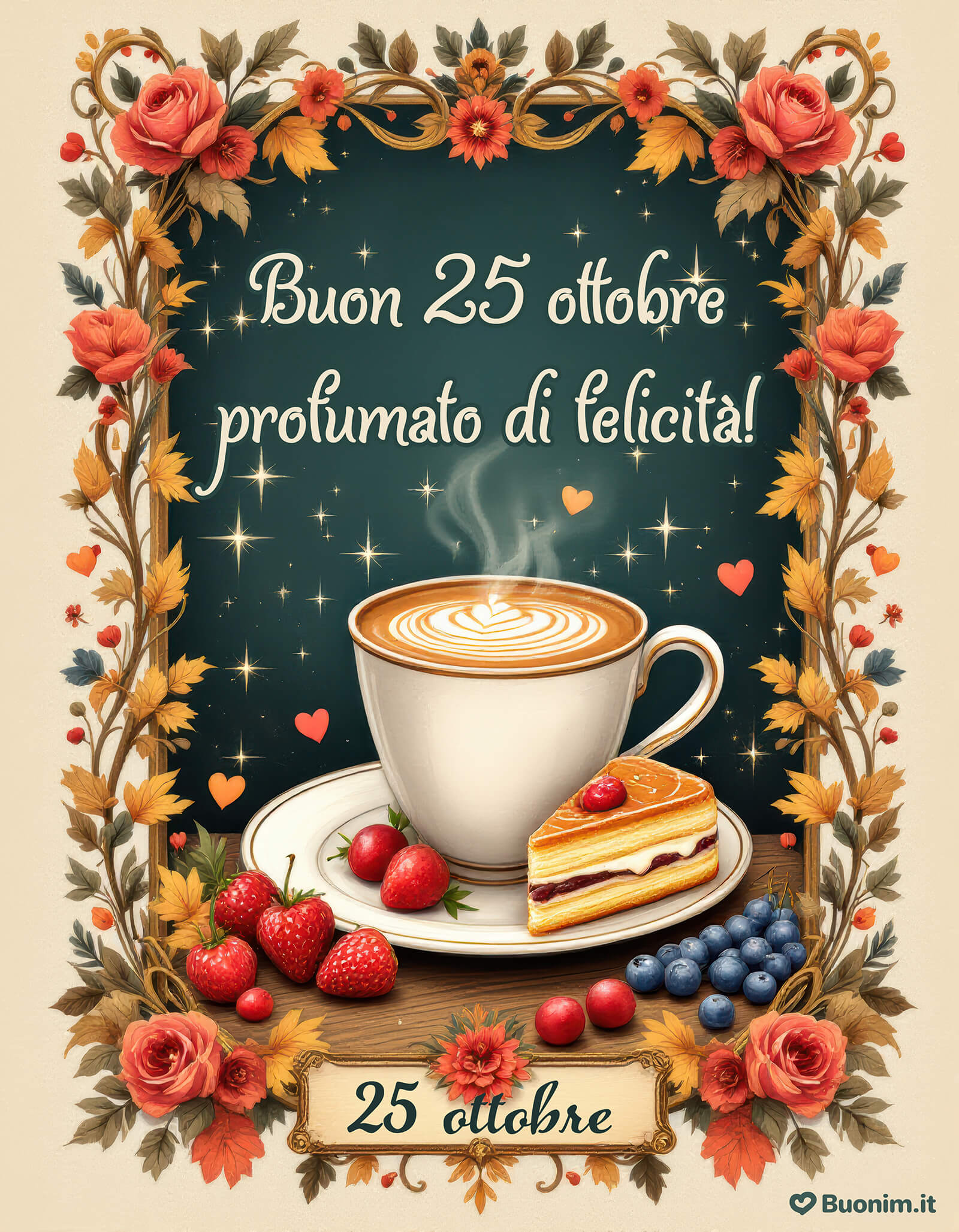 Buon 25 ottobre profumato di felicità! Lascia che il profumo del caffè e la dolcezza dei colori d’autunno rendano speciale questo giorno.