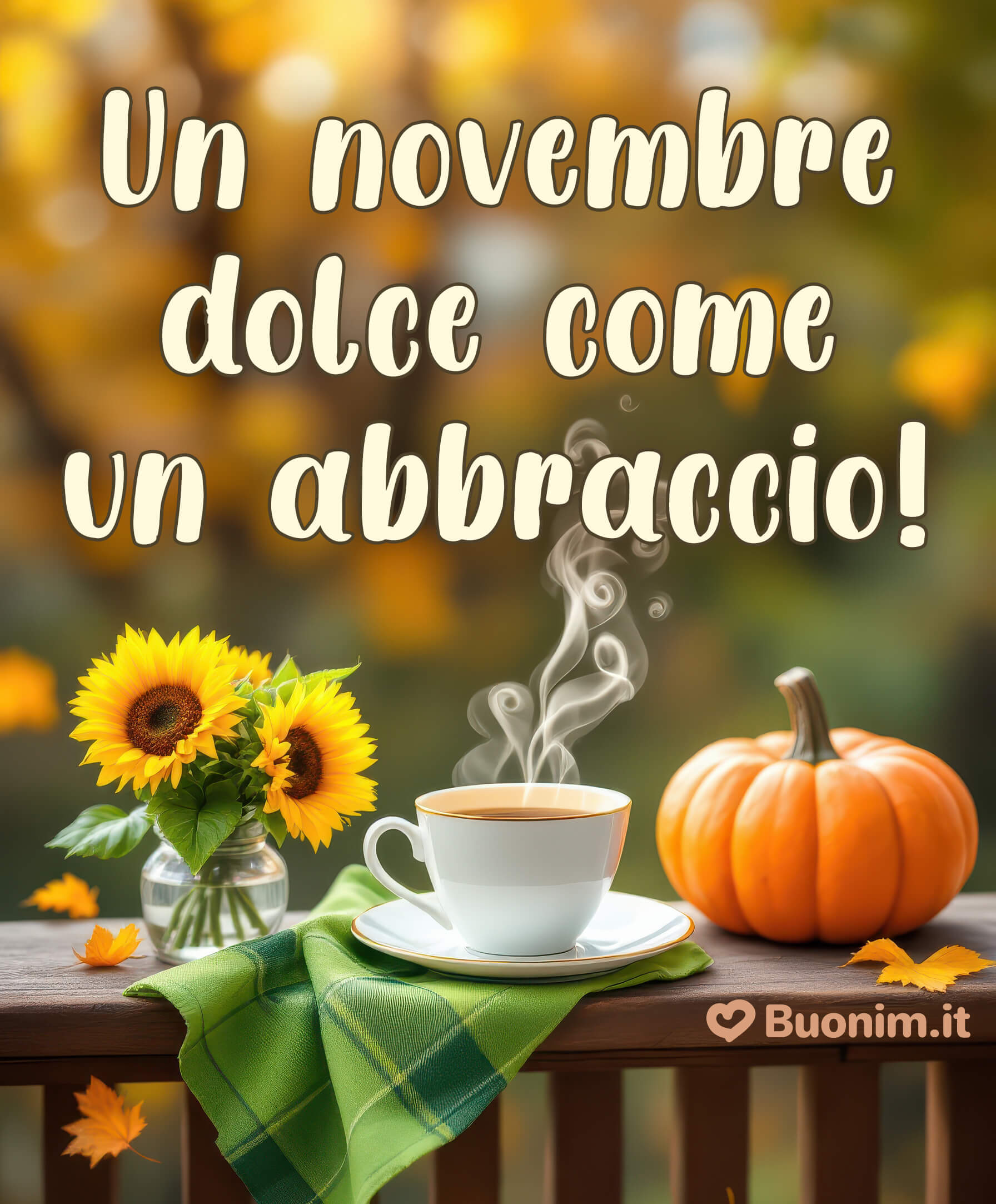 Auguri di buon novembre con dolce abbraccio autunnale L’atmosfera calda e i colori del cuore portano un messaggio di dolcezza e affetto sincero. Che ogni giornata di novembre sia morbida come un abbraccio. Immagini autunnali gratis per WhatsApp, piene di tenerezza e luce.