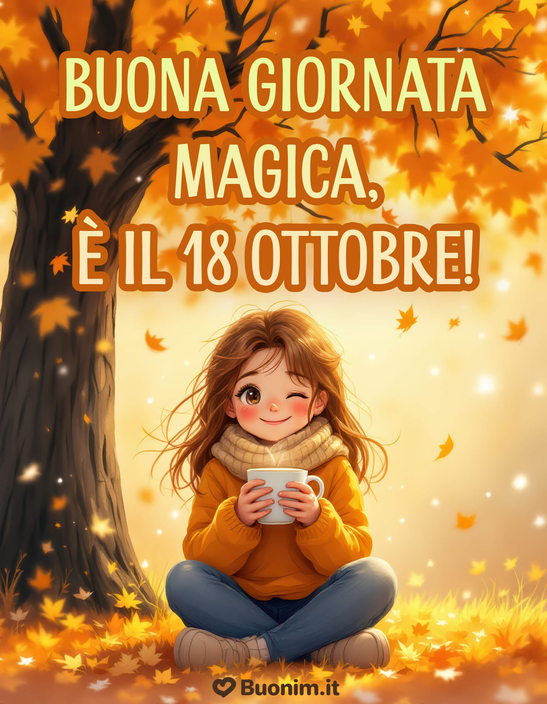 Buona giornata magica per questo 18 ottobre L’autunno abbraccia il tuo risveglio con i suoi colori dorati e l’aroma del caffè. Vivi questa giornata con leggerezza e lascia entrare un po’ di magia nel tuo cuore.