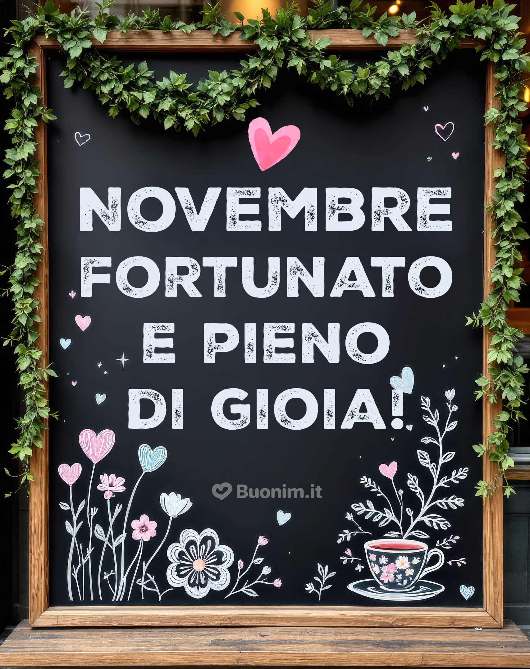 Lavagna vintage porta fortuna e gioia a novembre Gessetti, edera e una tazzina disegnata accendono speranza e buonumore. Ti auguro un buon mese di novembre pieno di luce e di occasioni felici. Uno stile vintage perfetto per condividere affetto con chi ami.