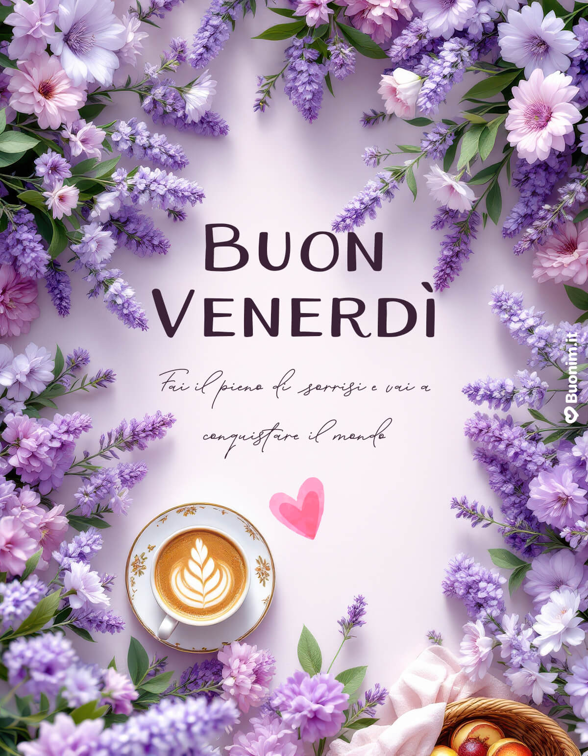 Lavanda e Sorrisi, Buon Venerdì Pieno di Pace Nel silenzio dei fiori lilla, un cappuccino con il cuoricino dice che ce la fai. Ti auguro un Buon Venerdì sereno, con un sorriso spontaneo e tanta calma.