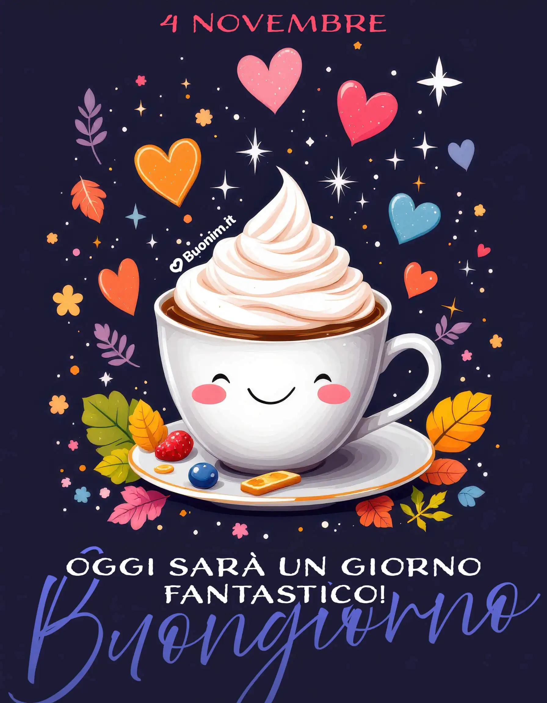 Le foglie danzano e la tazzina fa l’occhiolino, che questo giorno sia fantastico pieno di energia e piccoli miracoli, salva l’immagine e inviala a chi merita una carezza all’anima