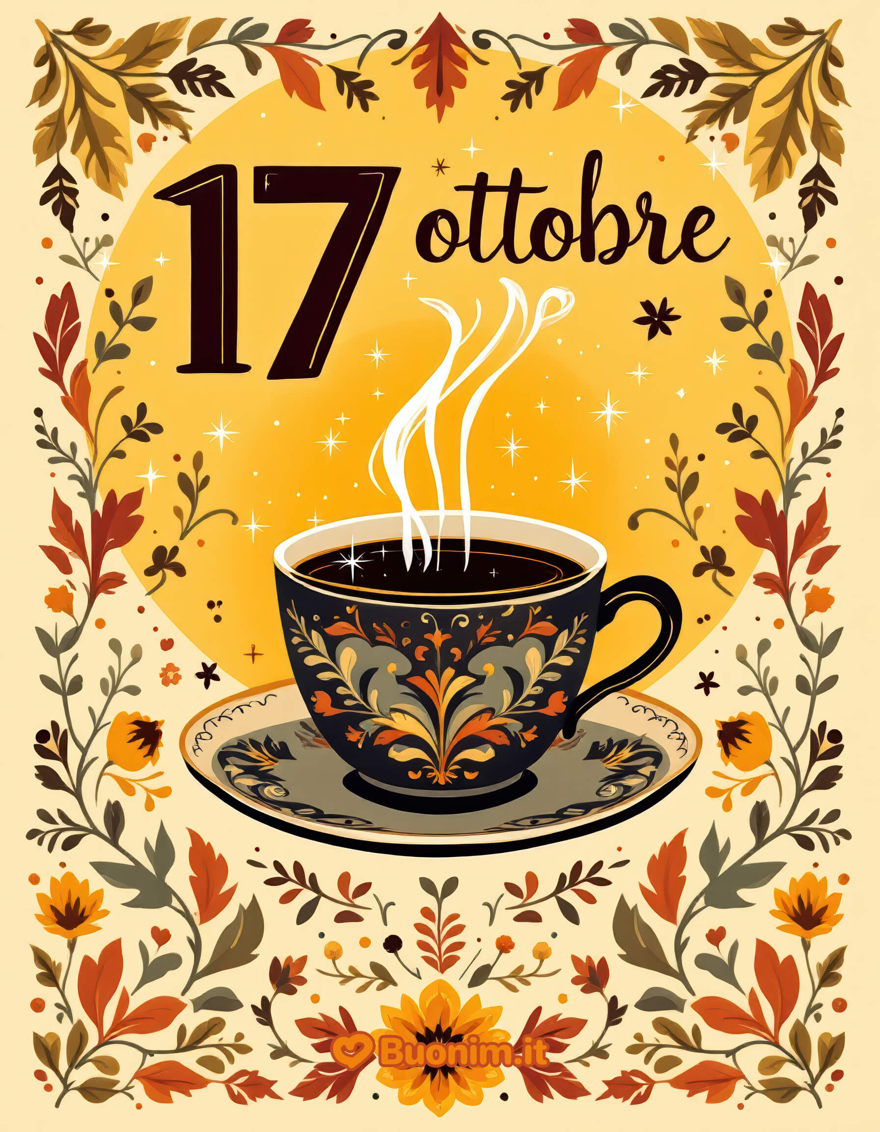 Caffè d’autunno per un 17 ottobre sereno Le tonalità calde e il profumo del caffè rendono questa immagine perfetta per iniziare la giornata con calma e buonumore. Condividila con chi ami.