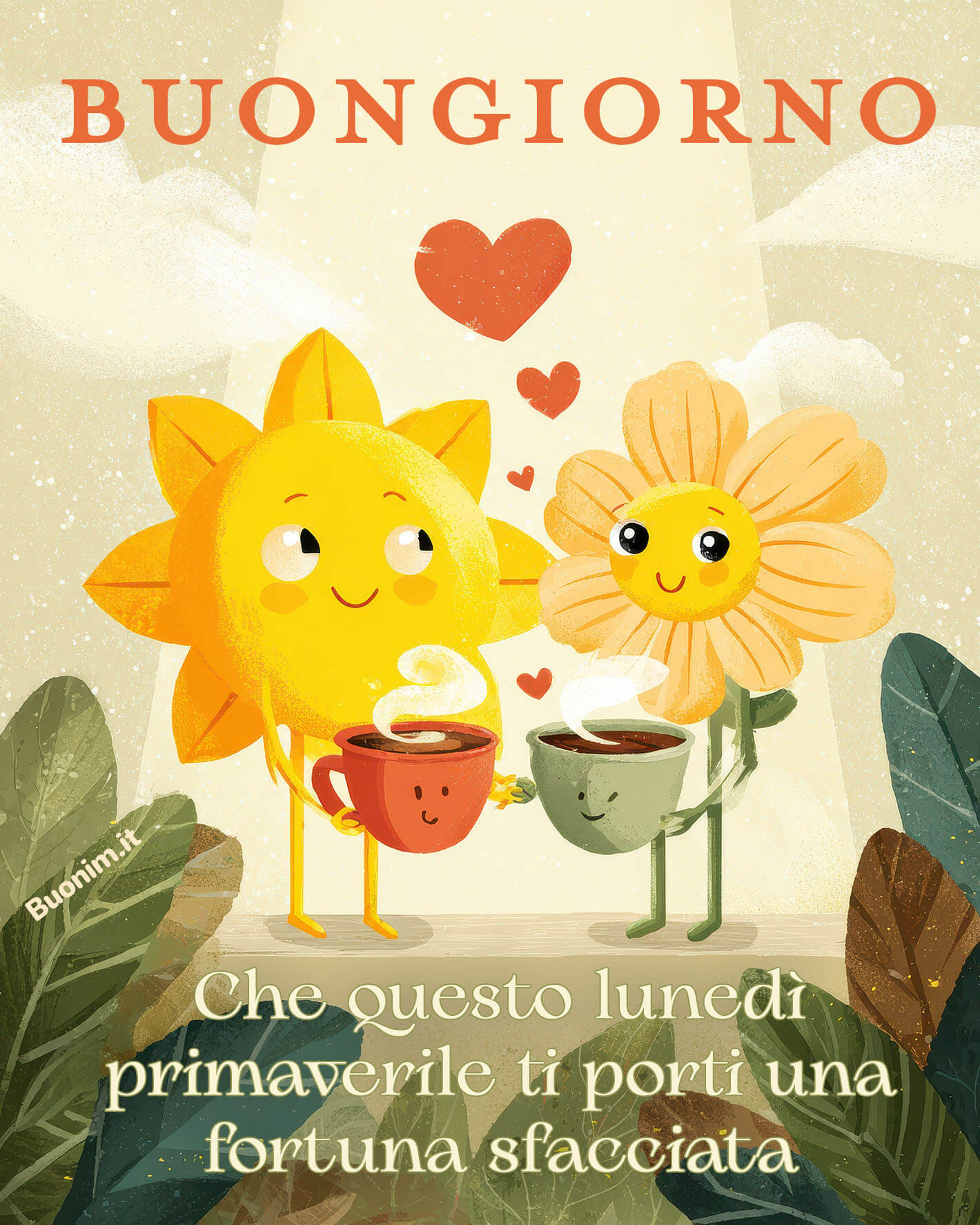 Lunedì primaverile con sole e fiore sorridenti Che la luce di stamattina ti scaldi l’anima e ti porti fortuna. È una cartolina tenera da mandare su WhatsApp per augurare buongiorno con affetto e un bacio.