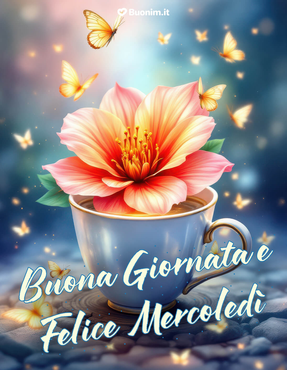Magico abbraccio, cartolina nuovissima per buongiorno e buon mercoledì Tra farfalle leggere e un fiore nella tazza, arriva una dolce luce. È perfetta per augurare un buon mercoledì con tenerezza e un pensiero che scalda.
