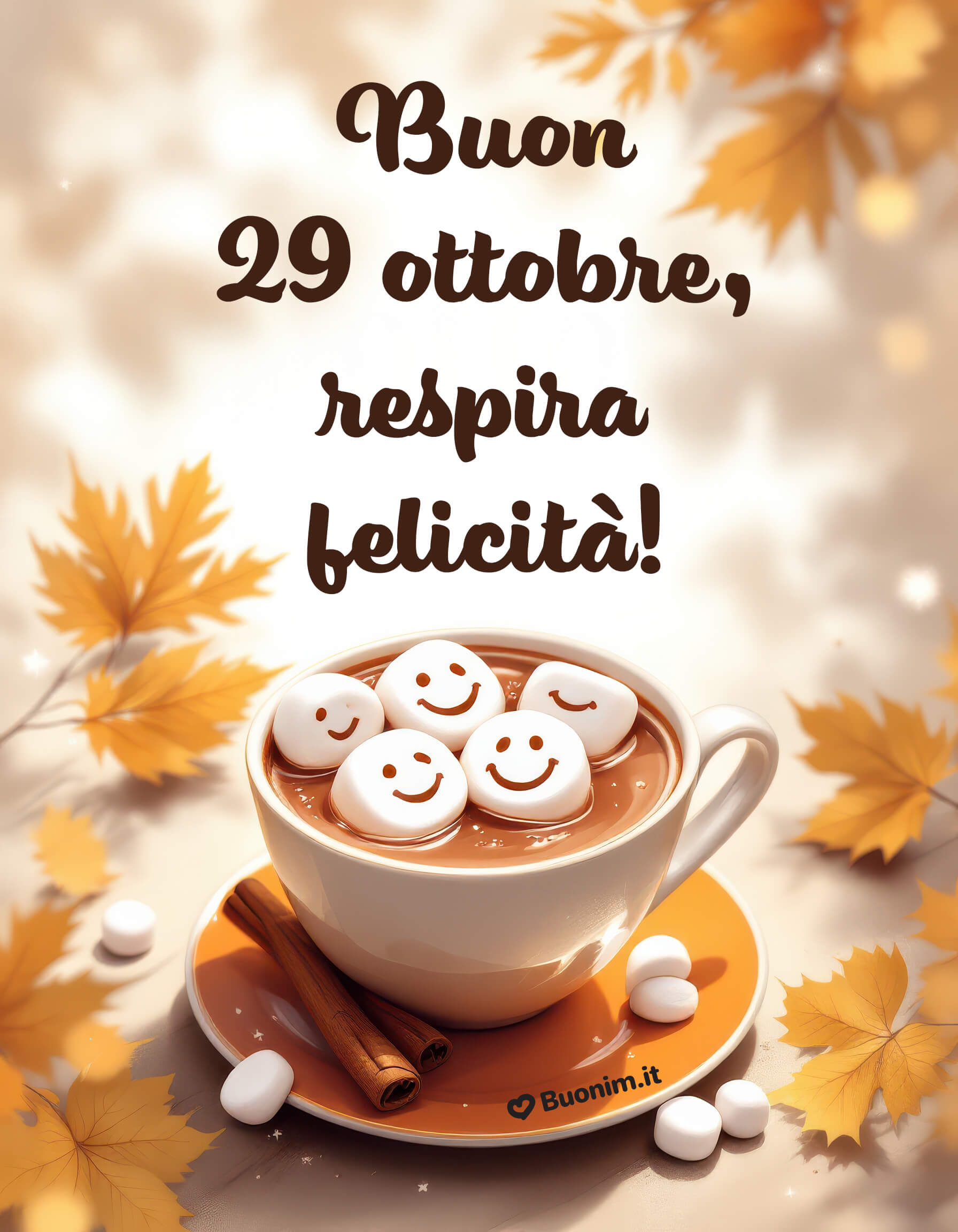 Buon 29 ottobre, respira felicità Marshmallow sorridenti e cannella profumata fanno pace nel cuore fai un respiro profondo e condividi questa coccola con chi ami