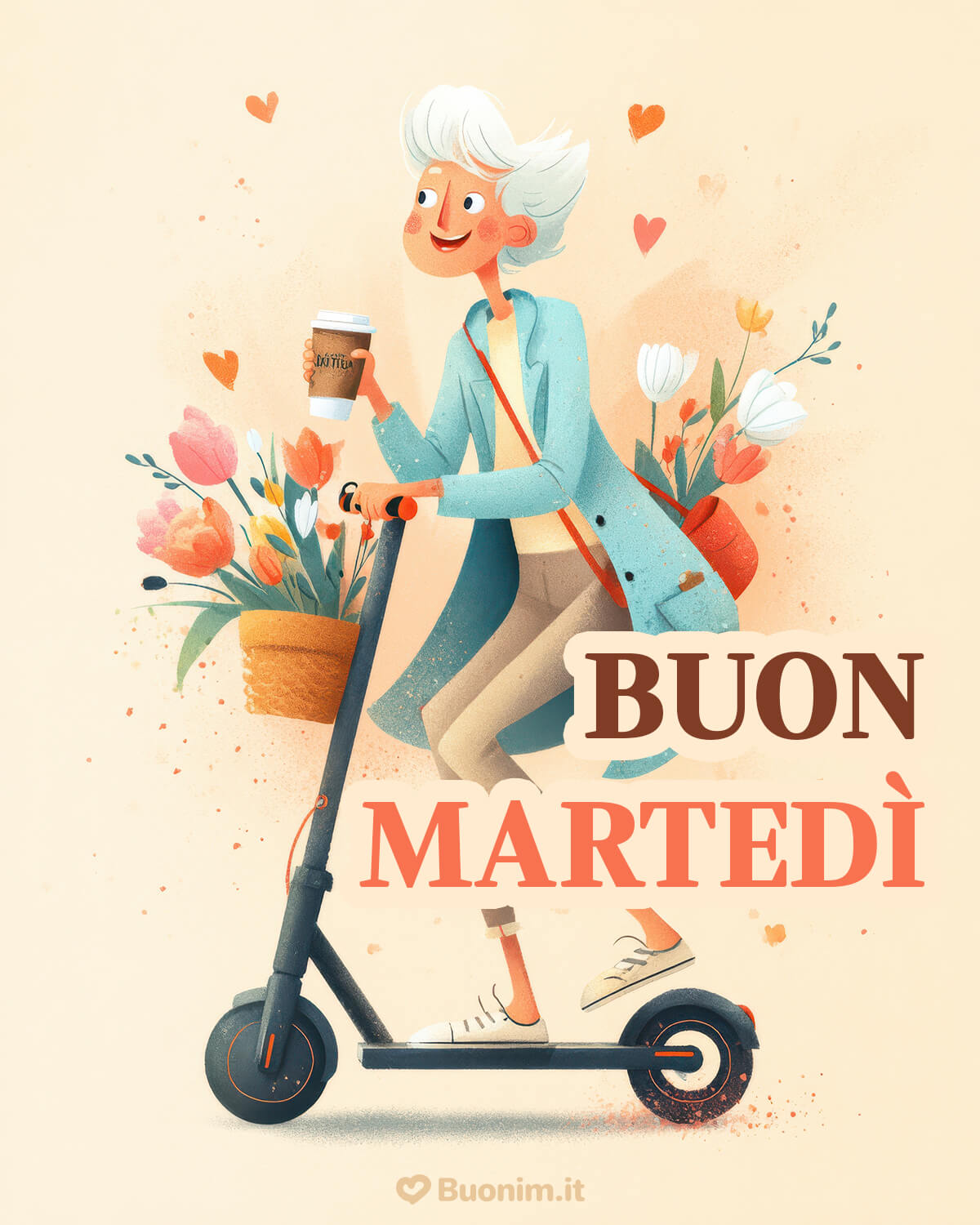 Martedì allegro in monopattino con fiori e cuori Sorriso, cuoricini e un caffè al volo. È un’immagine divertente per dire buongiorno e buon martedì, ideale da inviare agli amici e augurare tanta allegria.