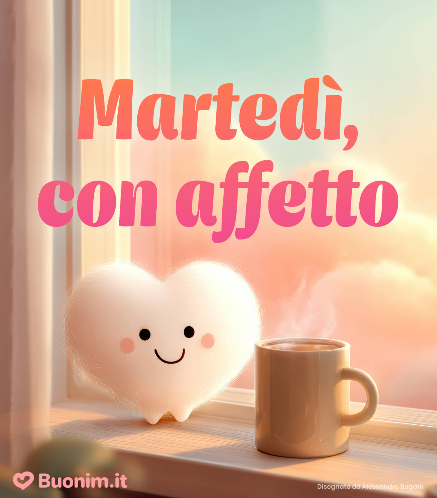 Martedì con affetto e caffè alla finestra Luce morbida del mattino e un cuoricino che sorride, per dirti che ti penso. Ti auguro un martedì sereno, con calma e dolcezza che restano addosso.