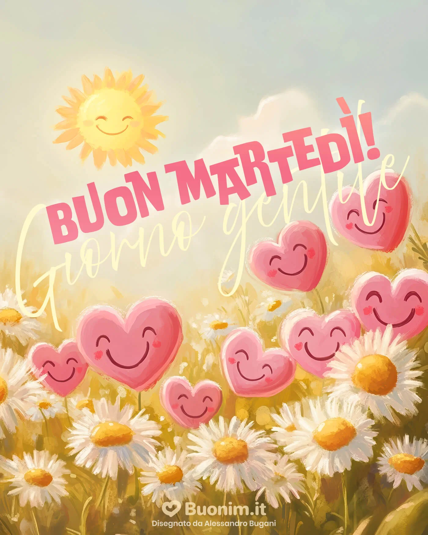 Tra margherite e cuoricini rosa, arriva un buongiorno pieno di luce. Ti auguro un martedì sereno e allegro, con tanta dolcezza da condividere con chi vuoi bene.