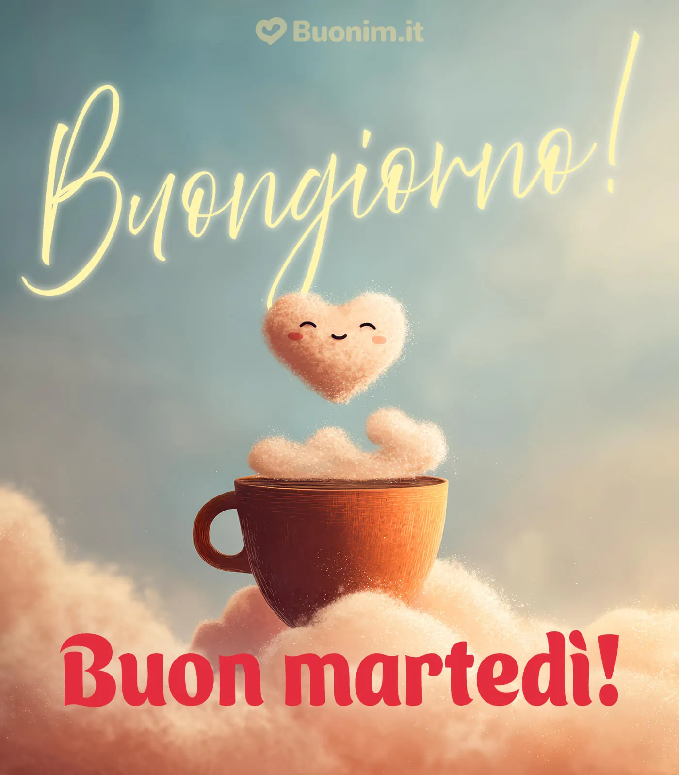 Tra nuvole morbide e un cuore che spunta dal caffè, il martedì sembra più tenero. Ti auguro una giornata serena e leggera, da condividere quando vuoi.