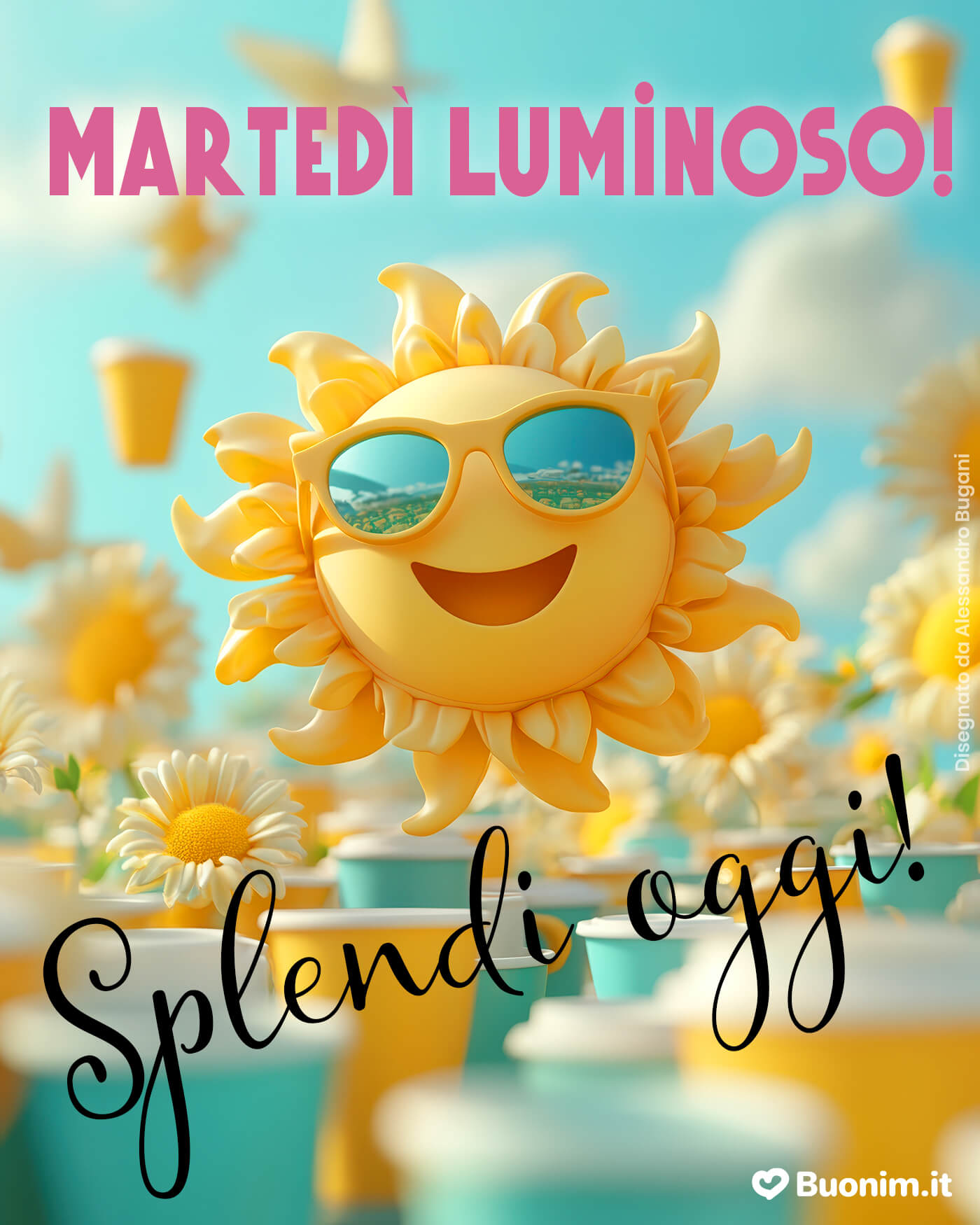 Martedì luminoso con sole felice e sorriso Con un sole sorridente e colori estivi, questo martedì sembra più leggero. Ti auguro una giornata luminosa, piena di buonumore e piccole cose belle, da mandare agli amici.