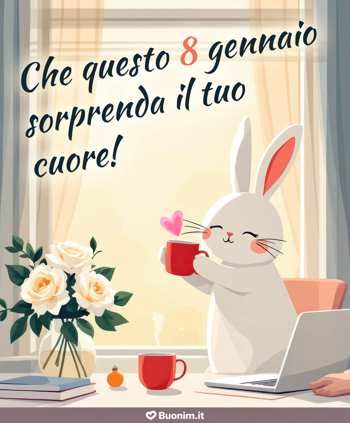 Dal tavolo di lavoro arriva un buongiornissimo tenero, il coniglietto alza la sua tazza e ti augura un 8 gennaio pieno di belle idee, amore e leggerezza.