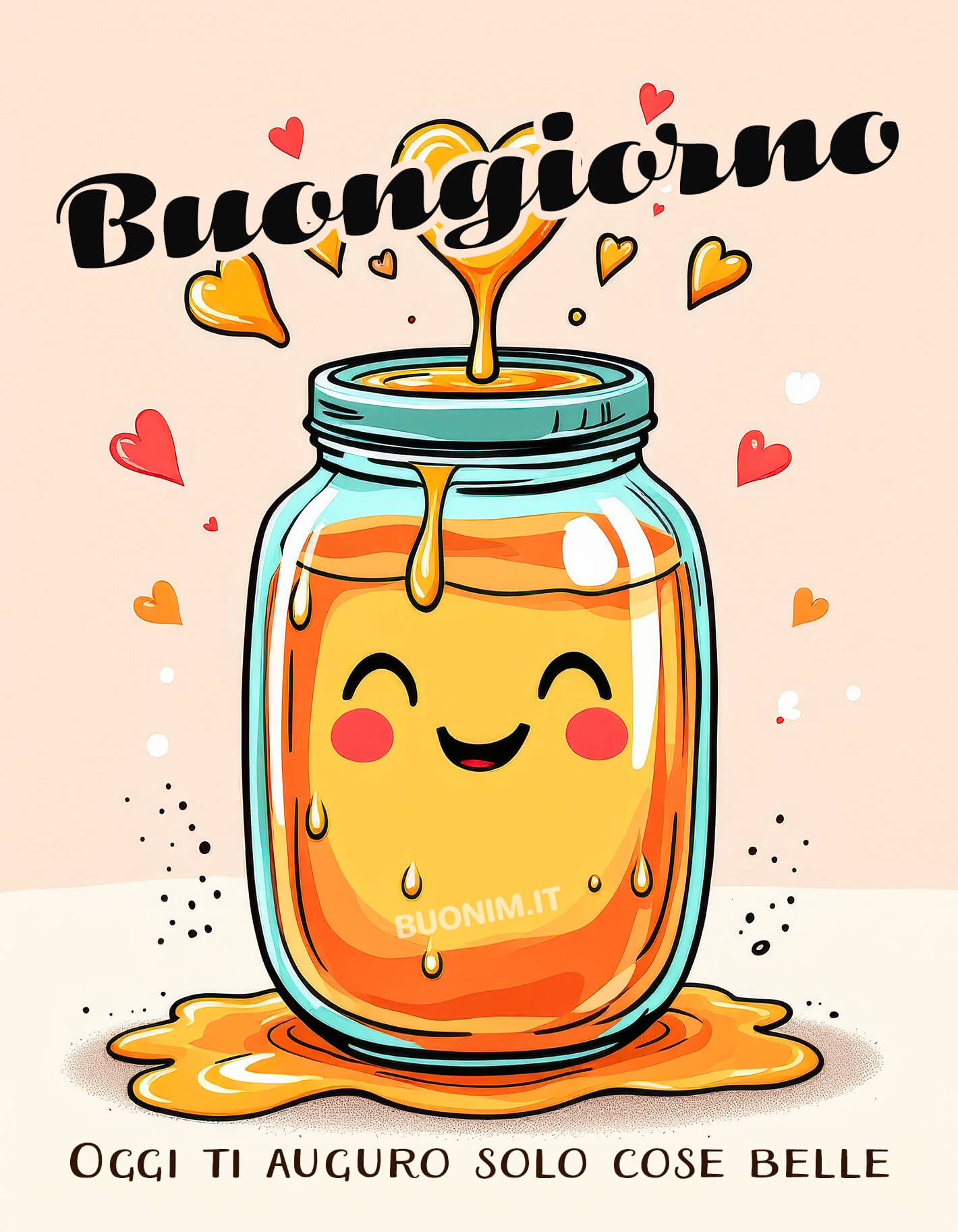 Dal vasetto di miele arriva un augurio pieno di dolcezza. Che oggi tu possa ricevere belle notizie, condividere qualche risata e sentirti circondato da persone che ti vogliono bene.