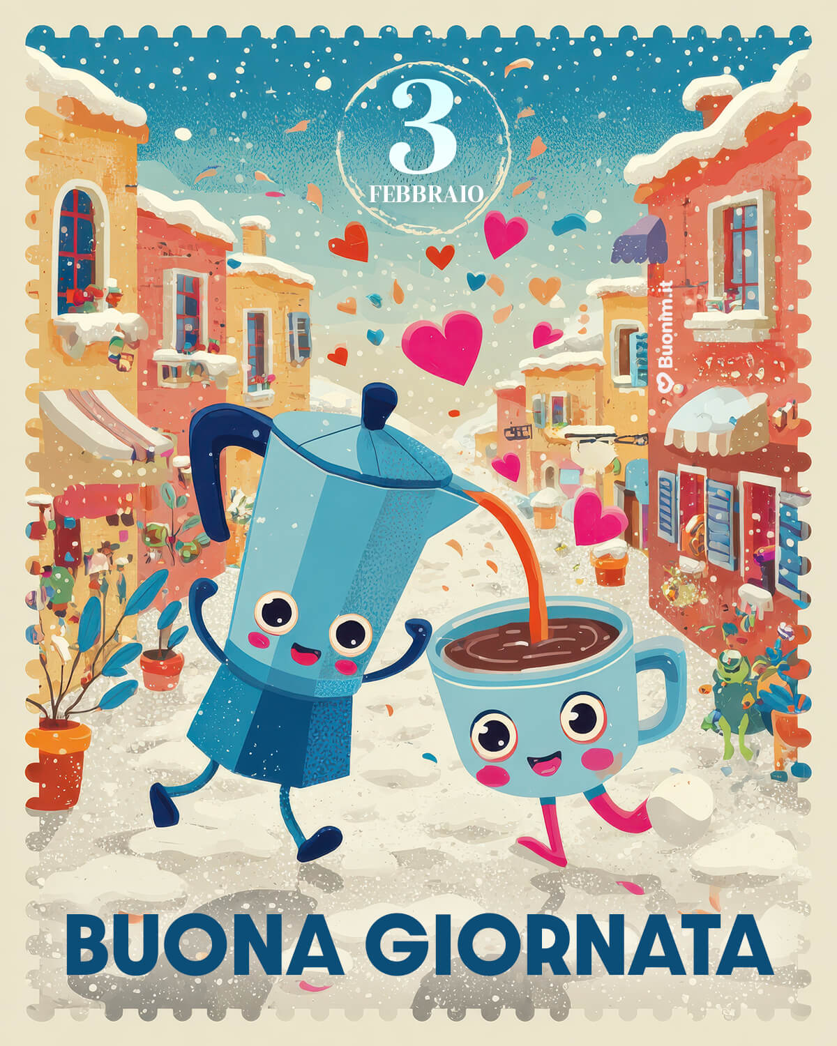 Che la tua giornata inizi con questo caffè che corre tra la neve e i cuori. Buon 3 febbraio, tanta energia, un grande abbraccio e pensieri leggeri.