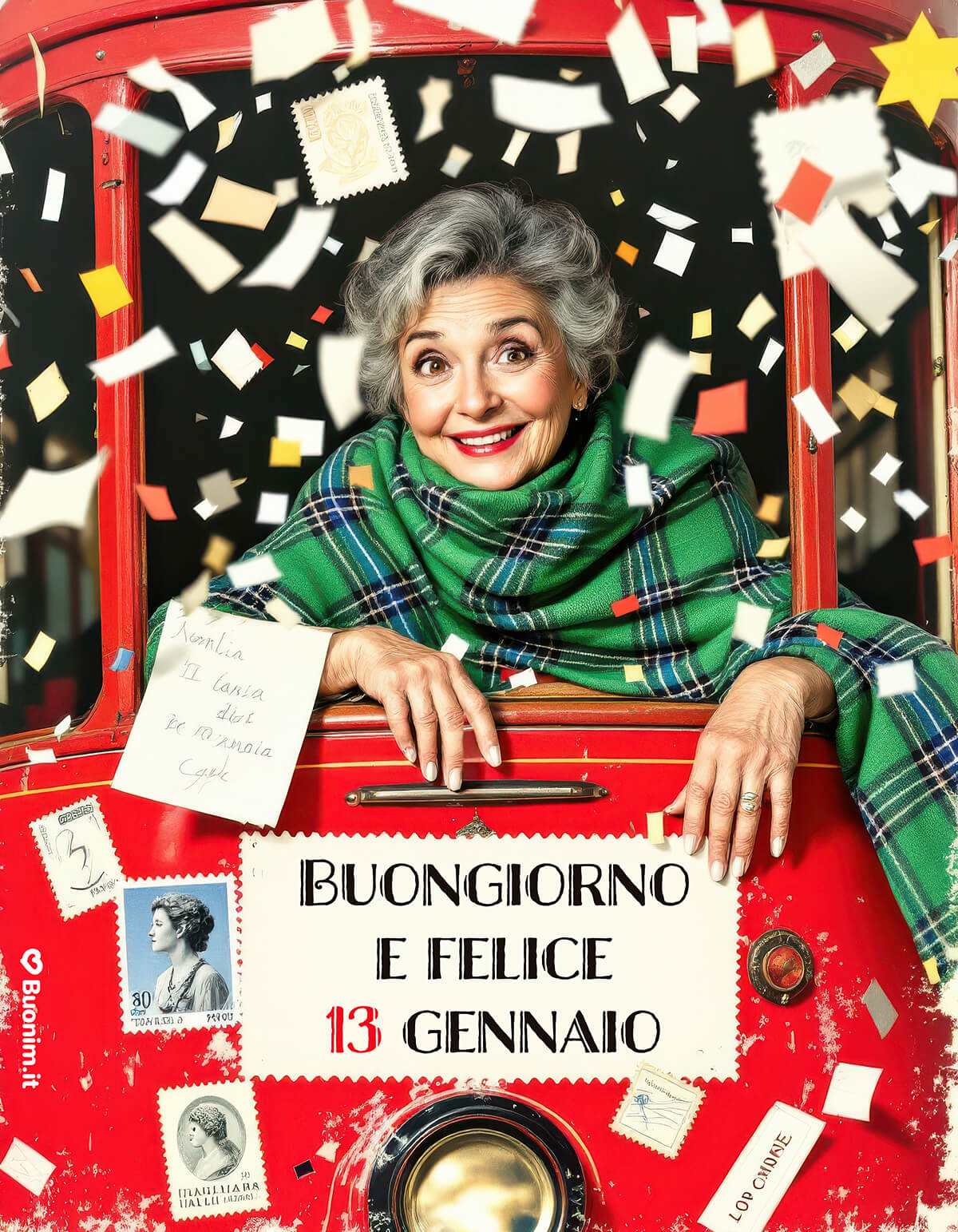Nonna alla posta per un felice 13 gennaio Oggi prendila con leggerezza, come coriandoli nell’aria. Ti auguro un 13 gennaio fortunato, con notizie piacevoli, incontri sinceri e un sorriso contagioso.
