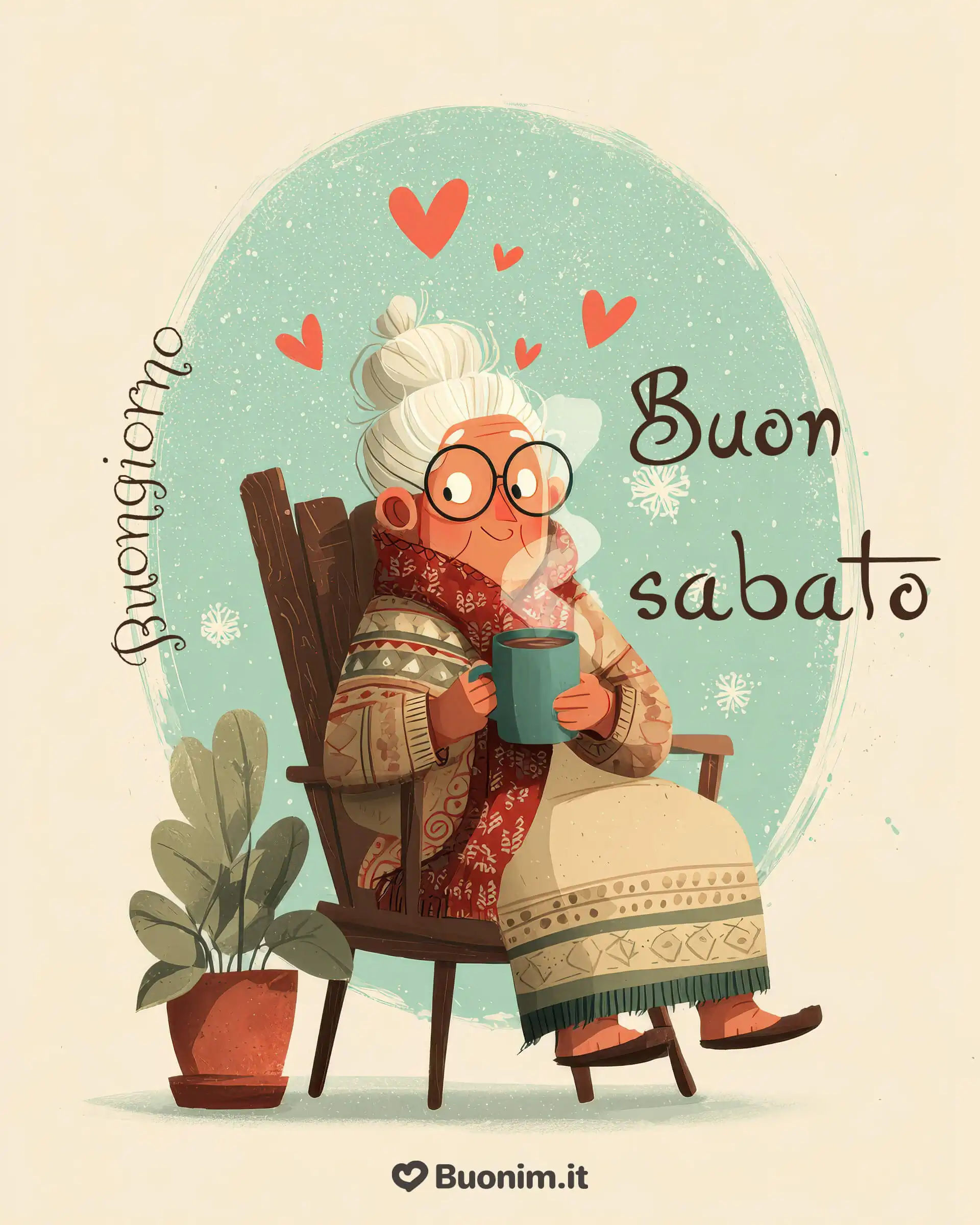 Cuore che si scioglie solo a guardarla: questa nonnina avvolta nella coperta calda e nei cuoricini è l’ideale per augurare un buon sabato di dolce riposo. Una delle cartoline di buongiorno del sabato invernale più originali da inviare a chi ami, per ricordargli di prendersi una pausa tenera dal freddo.