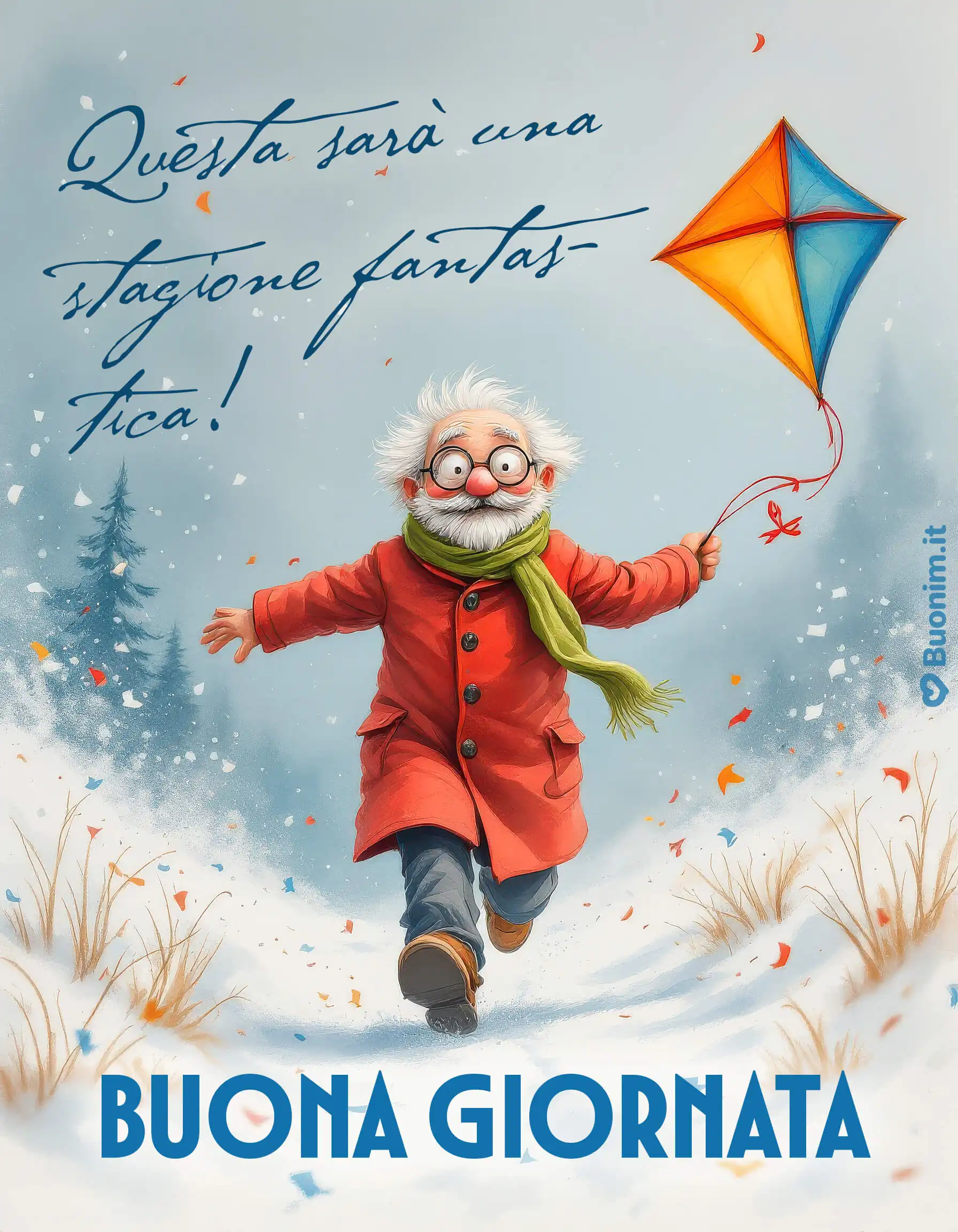 Aquilone colorato e cappotto rosso aprono la giornata con allegria, la neve frizzante porta energia buona. Un’immagine dell’inverno piena di dolcezza e semplicità. Ti mando un abbraccio caldo e un augurio di serenità.