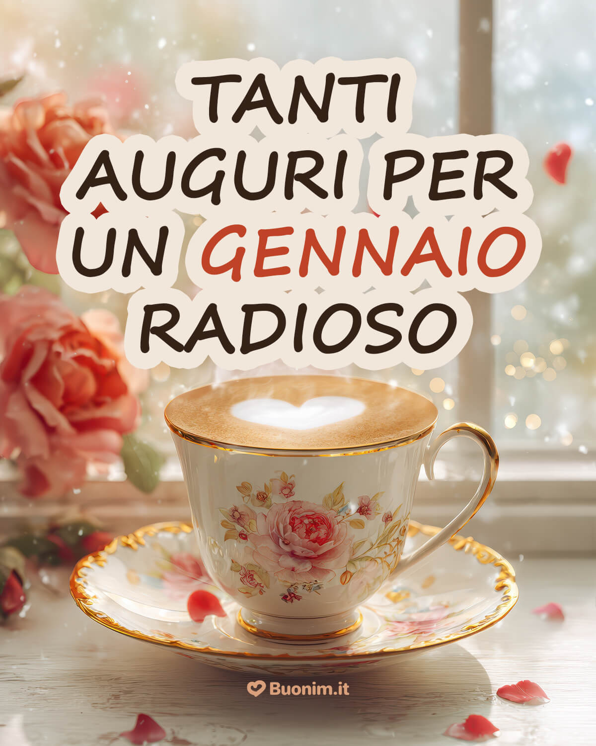 Nuove cartoline di benvenuto a gennaio per un gennaio radioso Tanti auguri per un gennaio radioso, pieno di piccoli gesti gentili. Il profumo delle rose e quel cuore nella tazza ricordano che l’amore rende ogni giorno più leggero.