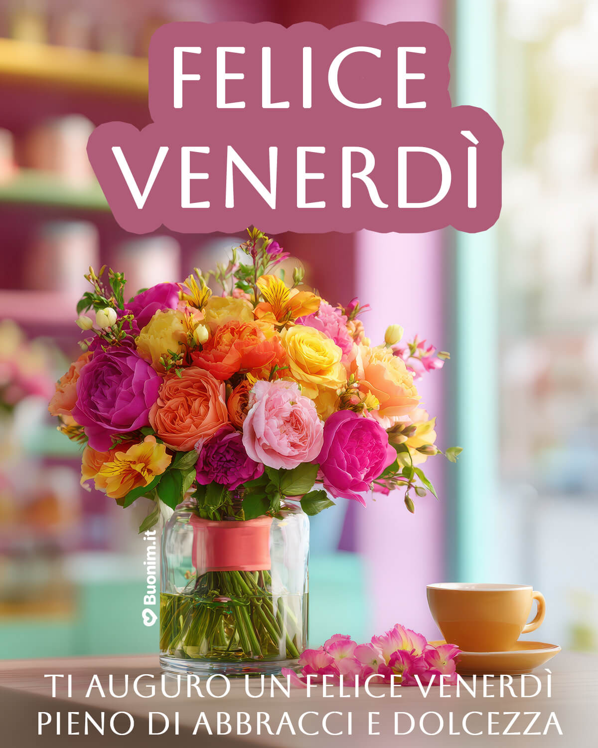 Nuovissima Immagine di Buongiorno e Buon Venerdì con Affetto Colori vivi, fiori e una tazzina pronta a scaldare il cuore. È un’immagine nuovissima di buongiorno e buon venerdì con affetto, per augurarti abbracci e dolcezza.