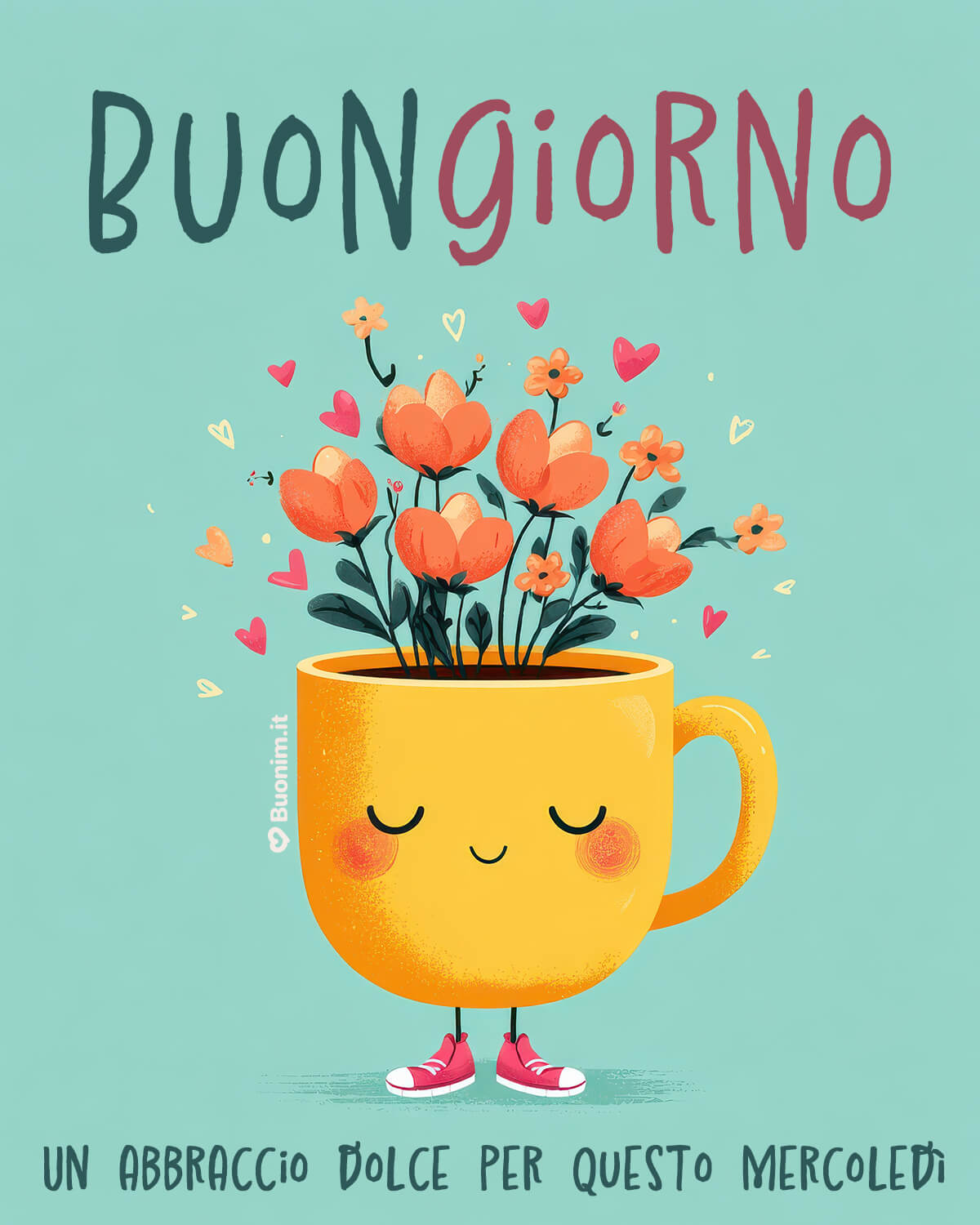 Nuovissima immagine per buongiorno e buon mercoledì Tra fiori e cuoricini, questa tazzina ti manda un abbraccio dolce. Ideale come immagine per augurare buongiorno e buon mercoledì da condividere con affetto su WhatsApp.