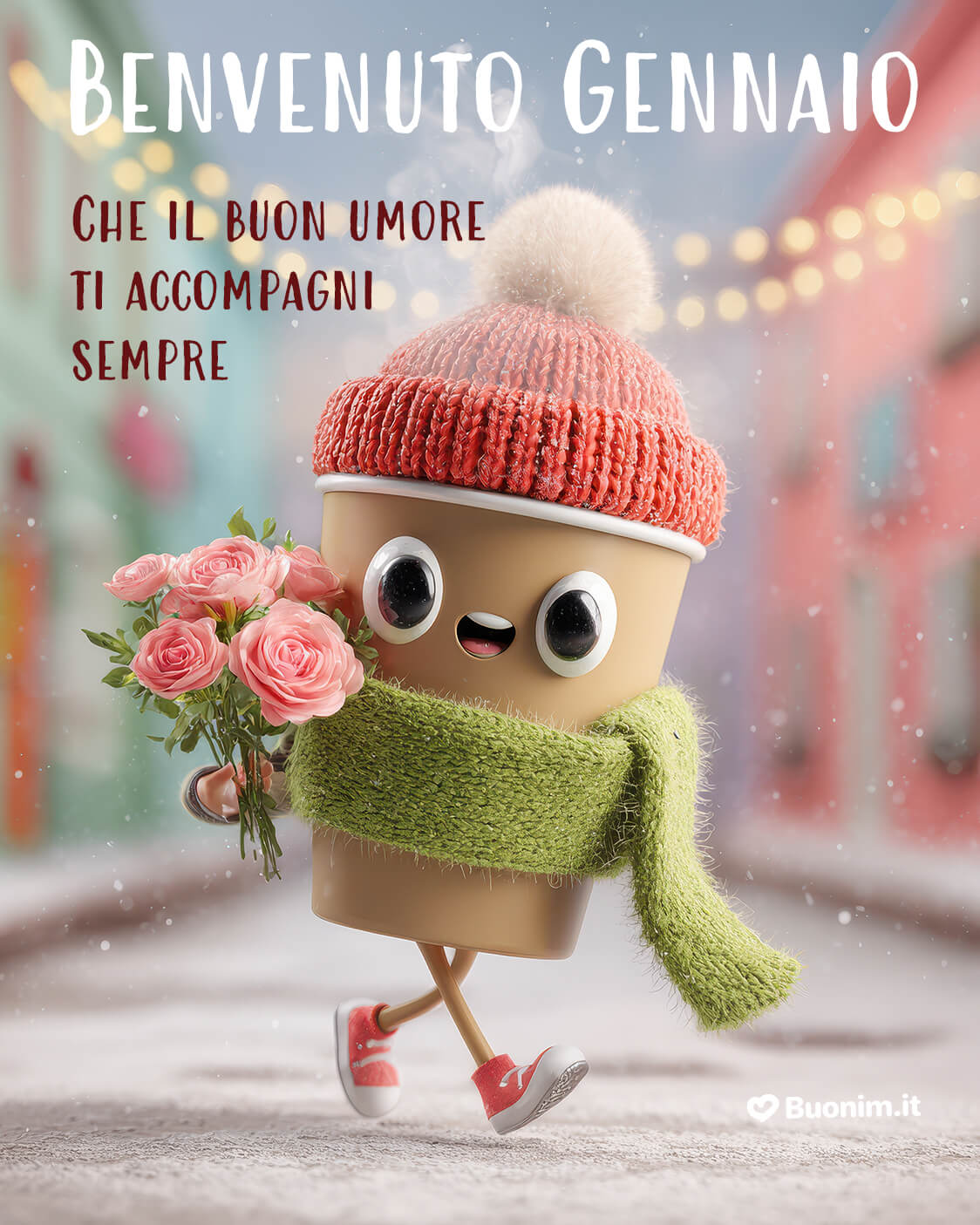 Nuovo mese allegro con tazzina e rose Oggi basta un sorriso e un mazzetto di rose per scaldare il nuovo mese. Questa cartolina porta buonumore e affetto, perfetta per augurare un buon gennaio.