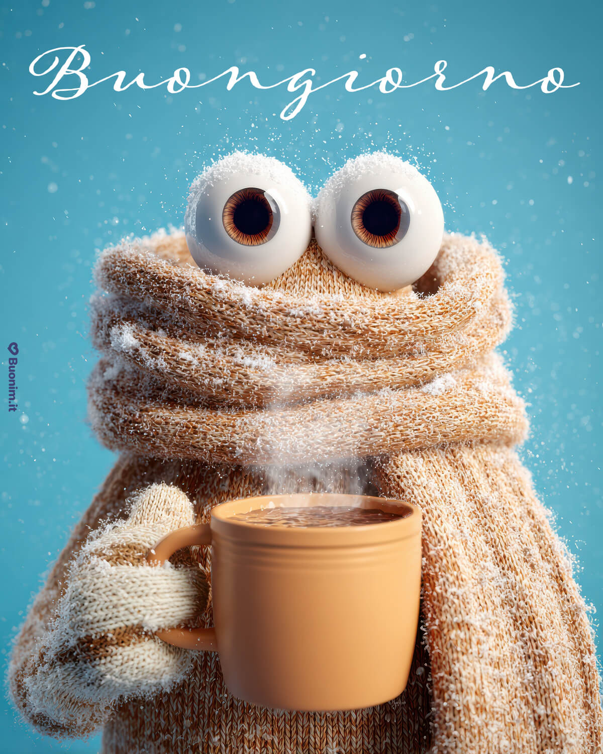 Quando fa freddo, una tazza bollente e uno sguardo buffo scaldano subito. Buongiornissimo a te, oggi meriti pace, dolcezza e un abbraccione che dura tutto il giorno.