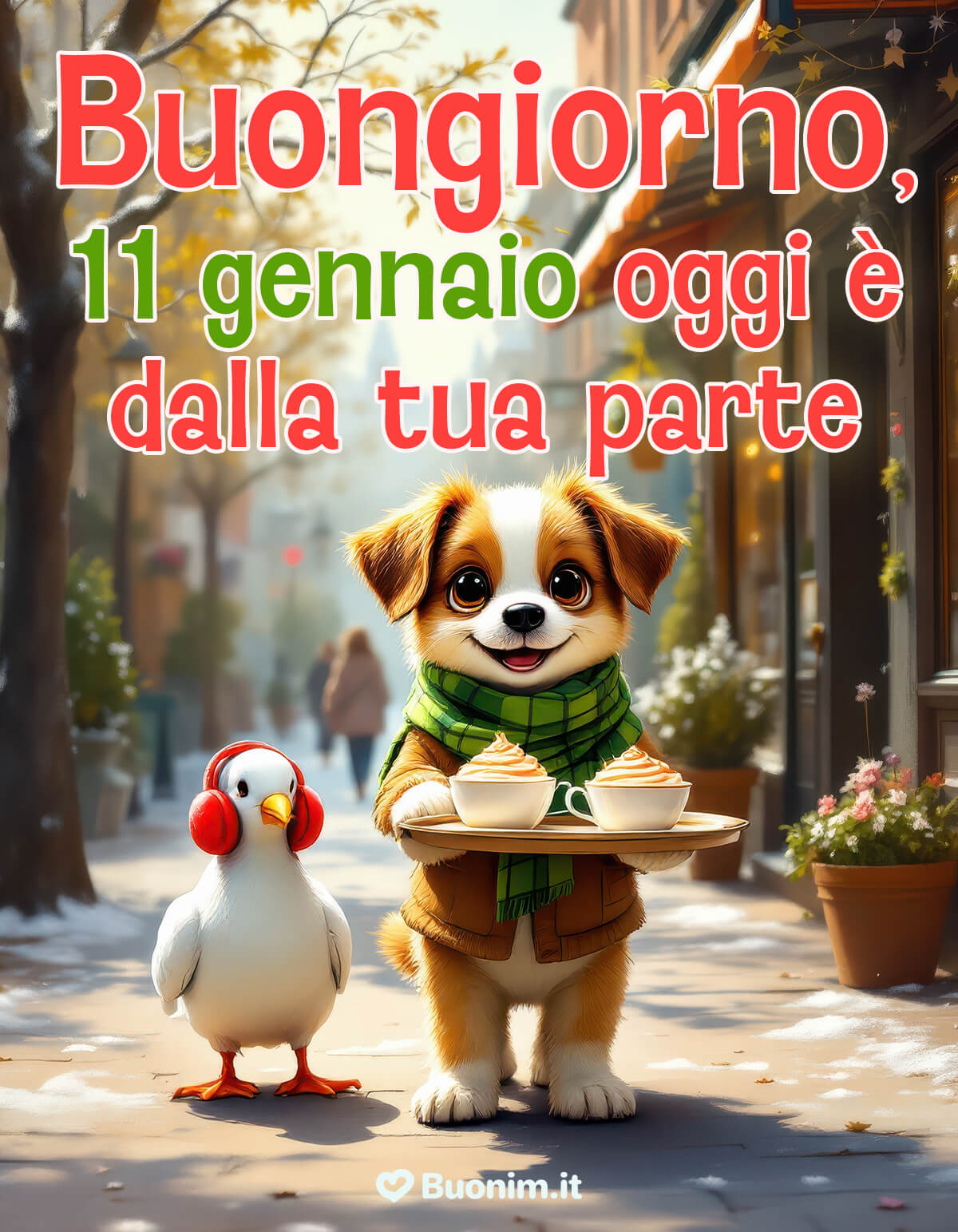 Oggi 11 gennaio porta sorrisi e coccole Se oggi 11 gennaio ti serve una spinta, lascia che questo cucciolo te la dia con due tazze fumanti. Che la giornata sia leggera, piena di affetto e sorrisi.