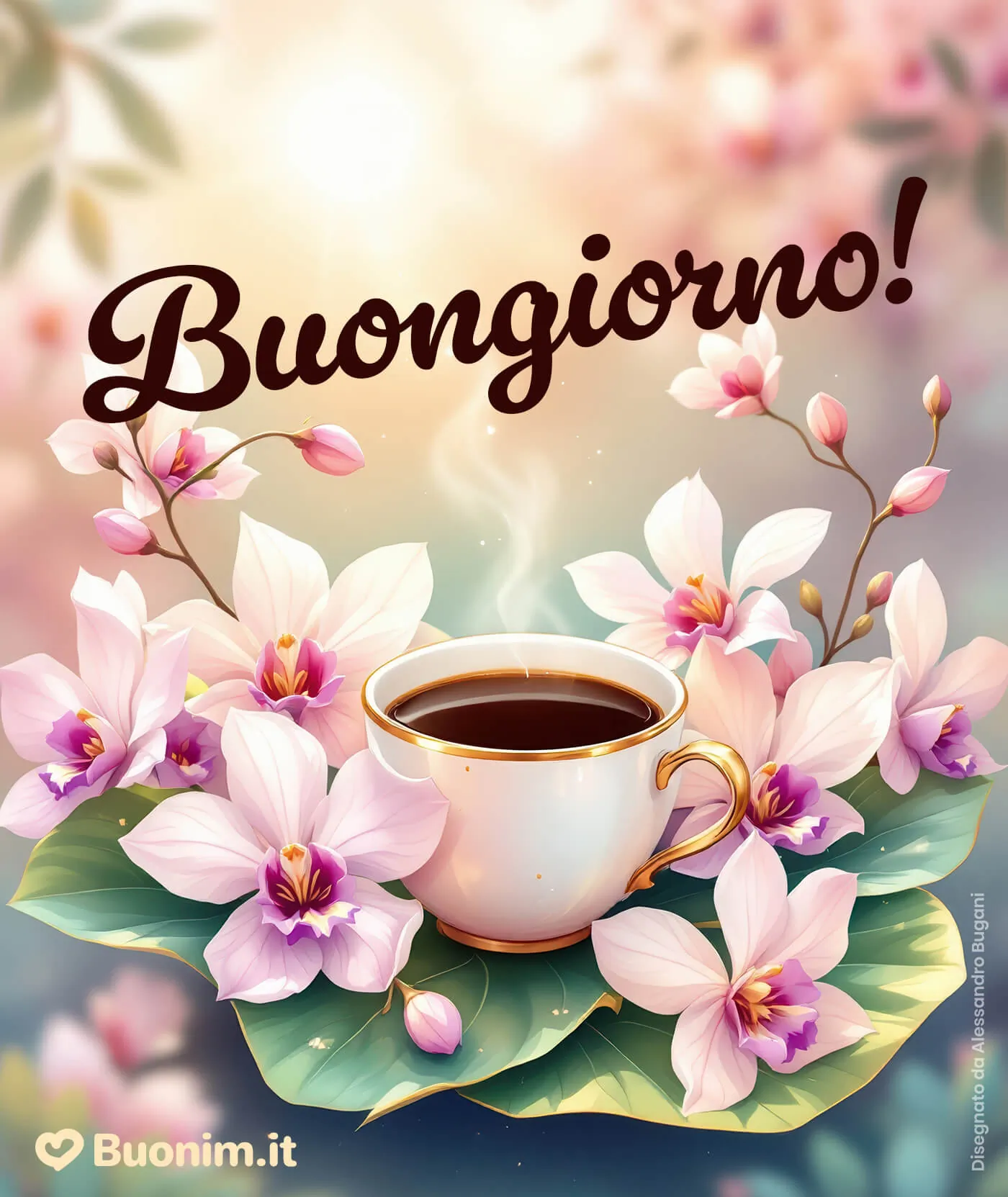 Orchidee e caffè in un’immagine raffinata per un buongiorno speciale
