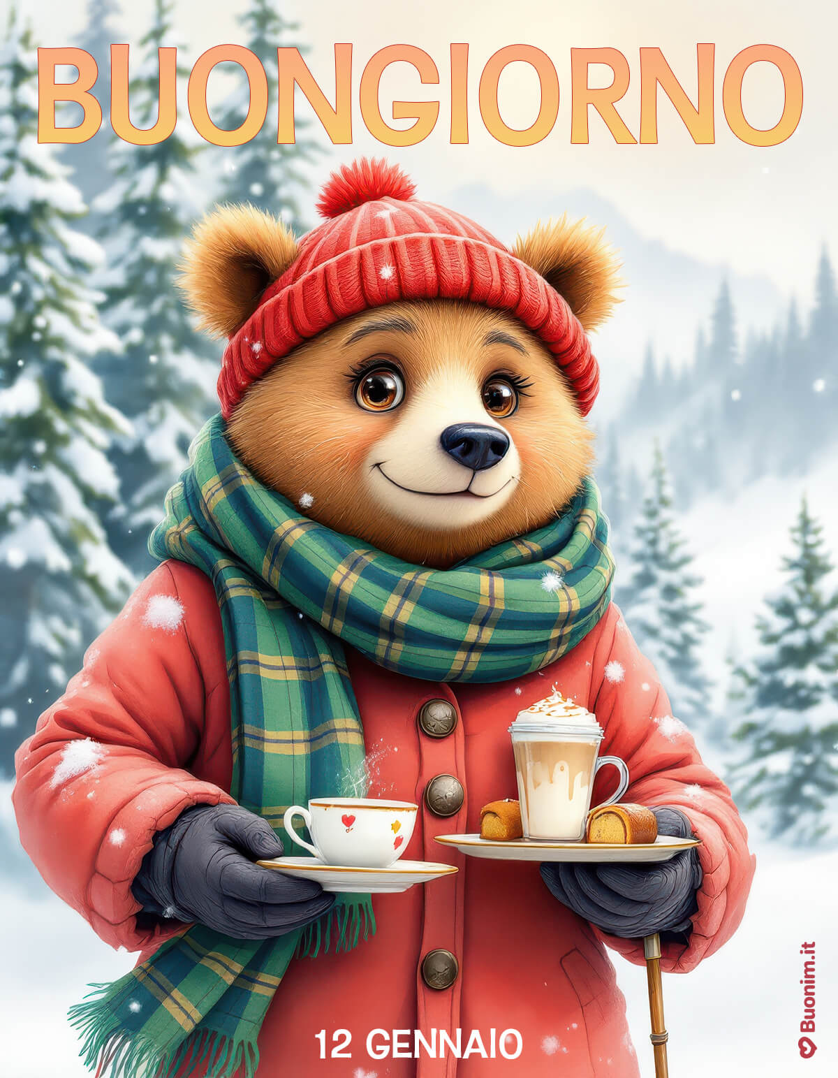 Orso gentile porta la colazione nella neve Nel silenzio dell’inverno, una tazza fumante fa miracoli. Buongiorno e buon 12 gennaio, ti auguro serenità, piccoli piaceri e un abbraccio caldo che ti accompagni tutto il giorno.
