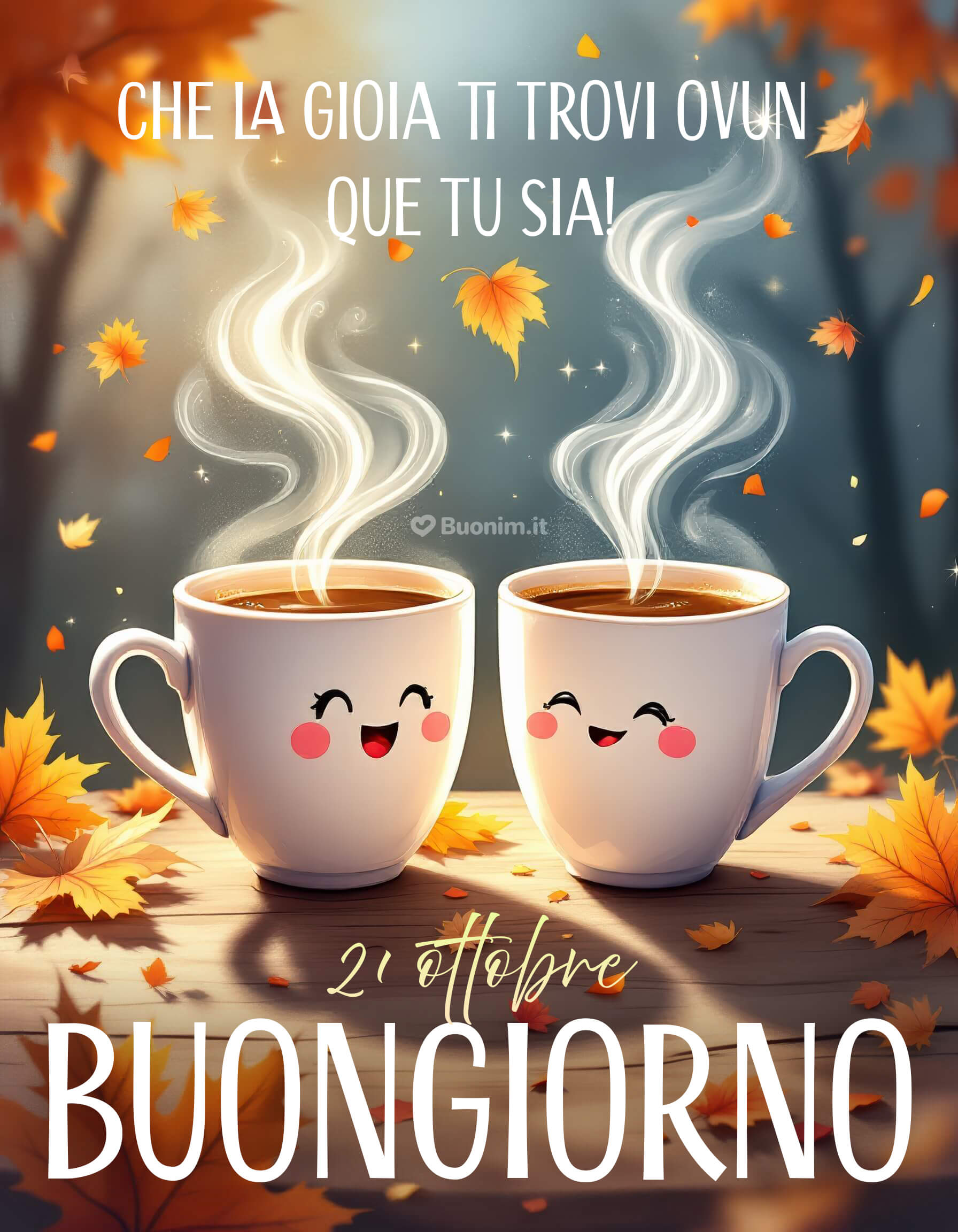 Buongiorno del 21 ottobre con gioia e serenità Ovunque tu sia, lascia che la felicità ti trovi e ti abbracci. Che questo giorno d’autunno ti regali luce, pace e tanto amore da condividere.