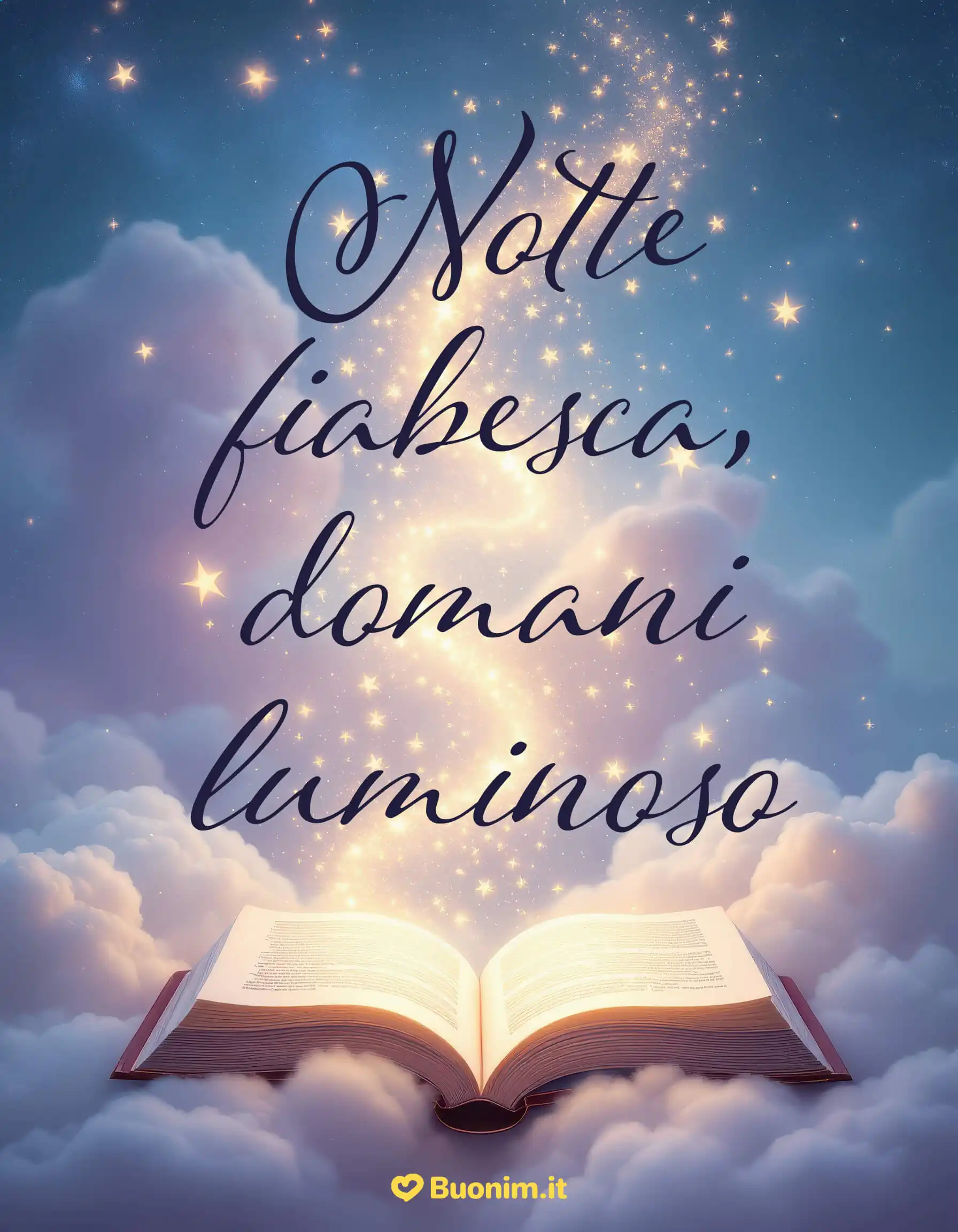 Libro incantato tra le nuvole per sogni sereni Pagine che brillano e cuore leggero. Buonanotte, e che il domani sia luminoso. Condividi un abbraccio.