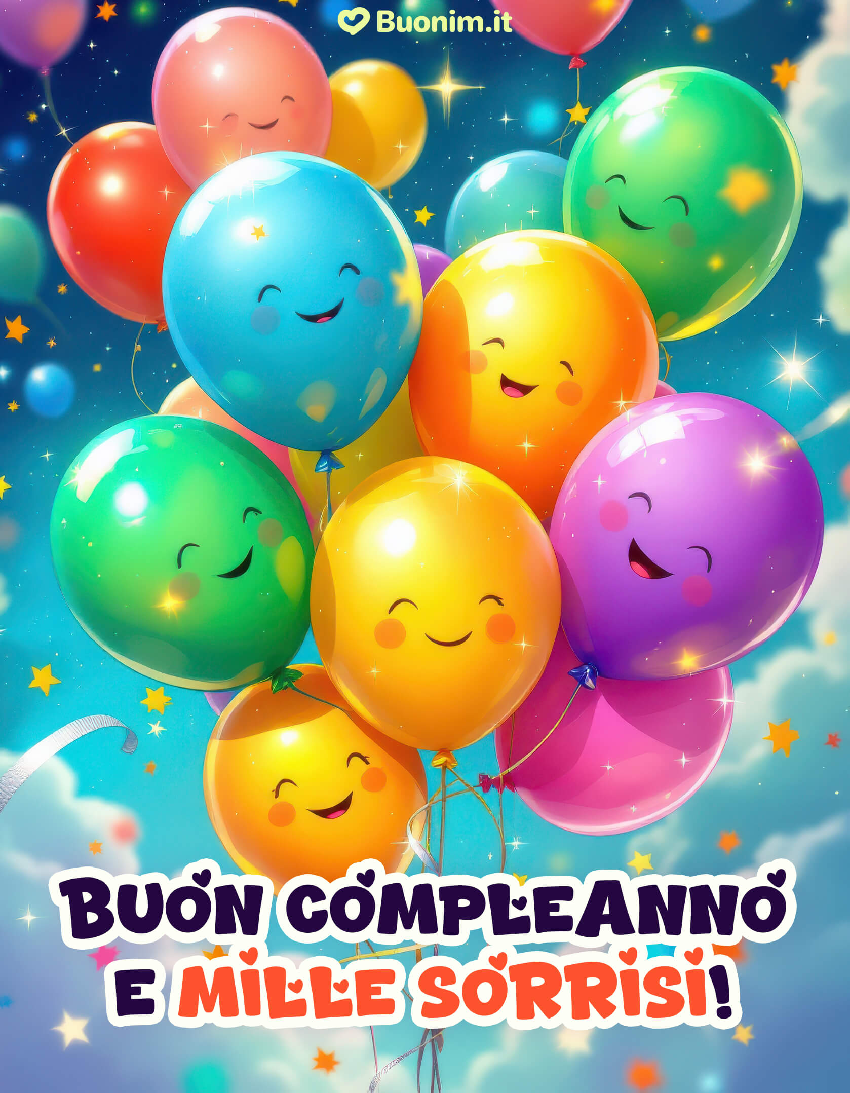 Palloncini felici e cielo di sorrisi luminosi Arcobaleno di colori per auguri di buon compleanno, atmosfera leggera che accende il buonumore e un abbraccio che fa volare l’anima.
