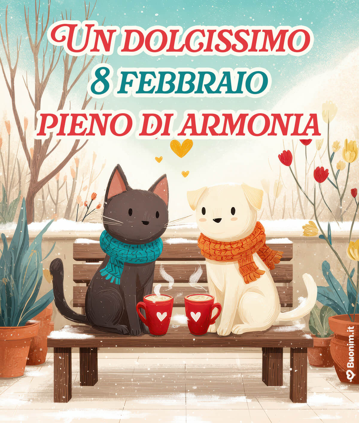 Panchina d’inverno per un Buon 8 Febbraio Oggi l’armonia si sente anche in silenzio, tra due tazze calde e sguardi teneri. Ti auguro un 8 febbraio leggero, pieno di affetto e pace.