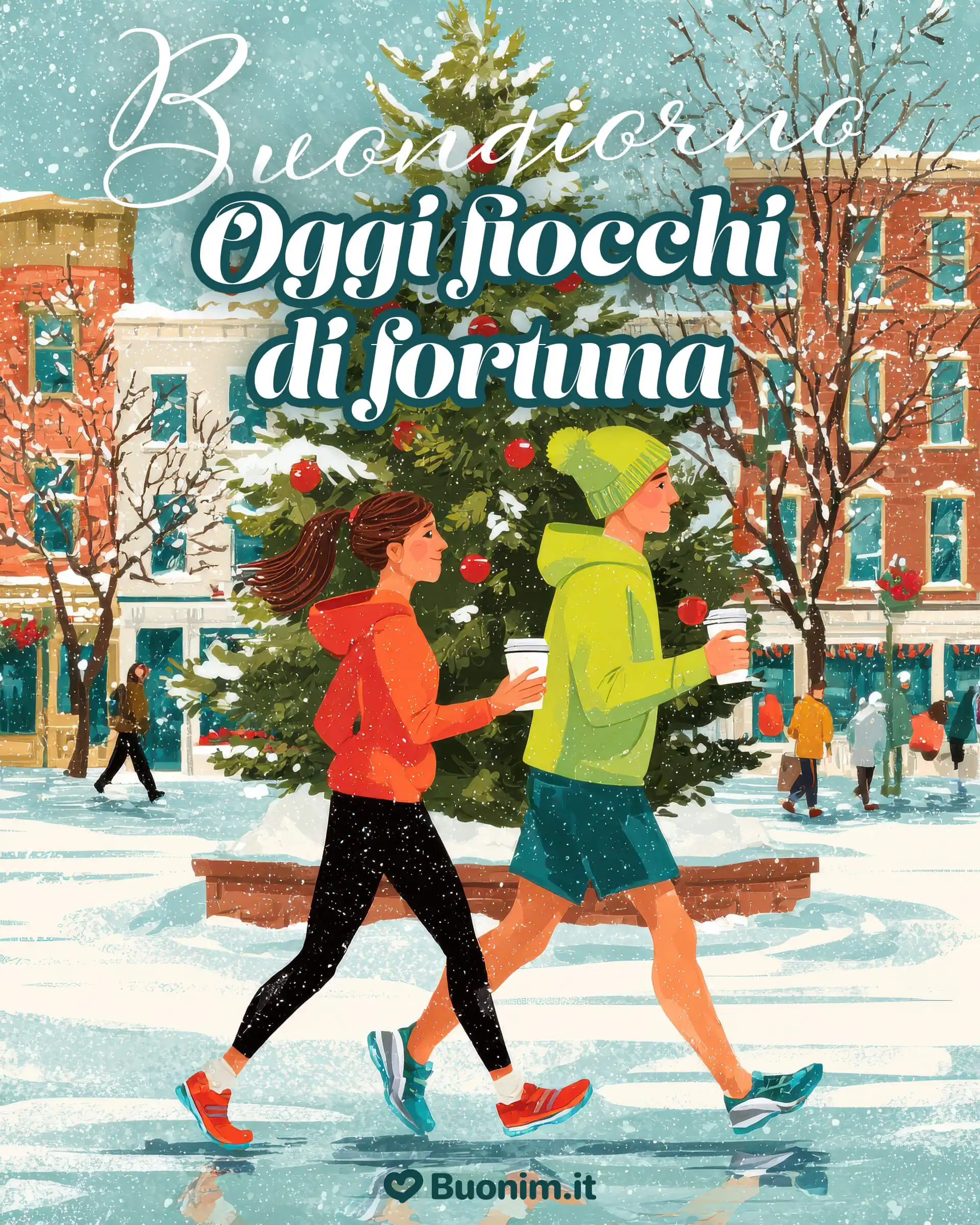 Luci calde in piazza e neve leggera, due tazze tra le mani e sorrisi che scaldano l’anima. Un’immagine dell’inverno che racconta la magia delle piccole cose. Che l’inverno ti accolga con fortuna, abbracci e pace.