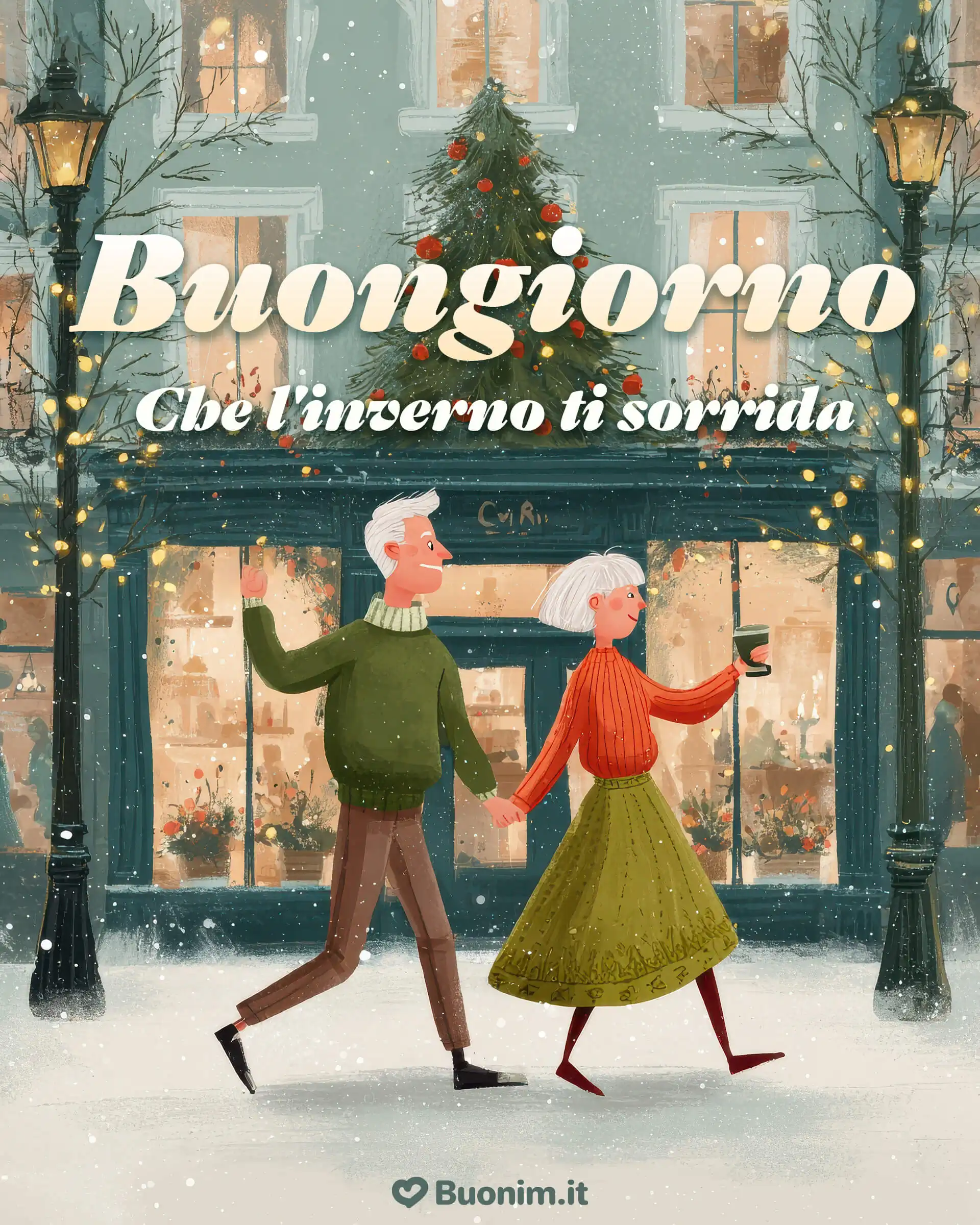 Luci in città e neve che scende piano, mano nella mano verso un mattino pieno di pace. Buongiornissimo a te, con affetto e sorrisi.