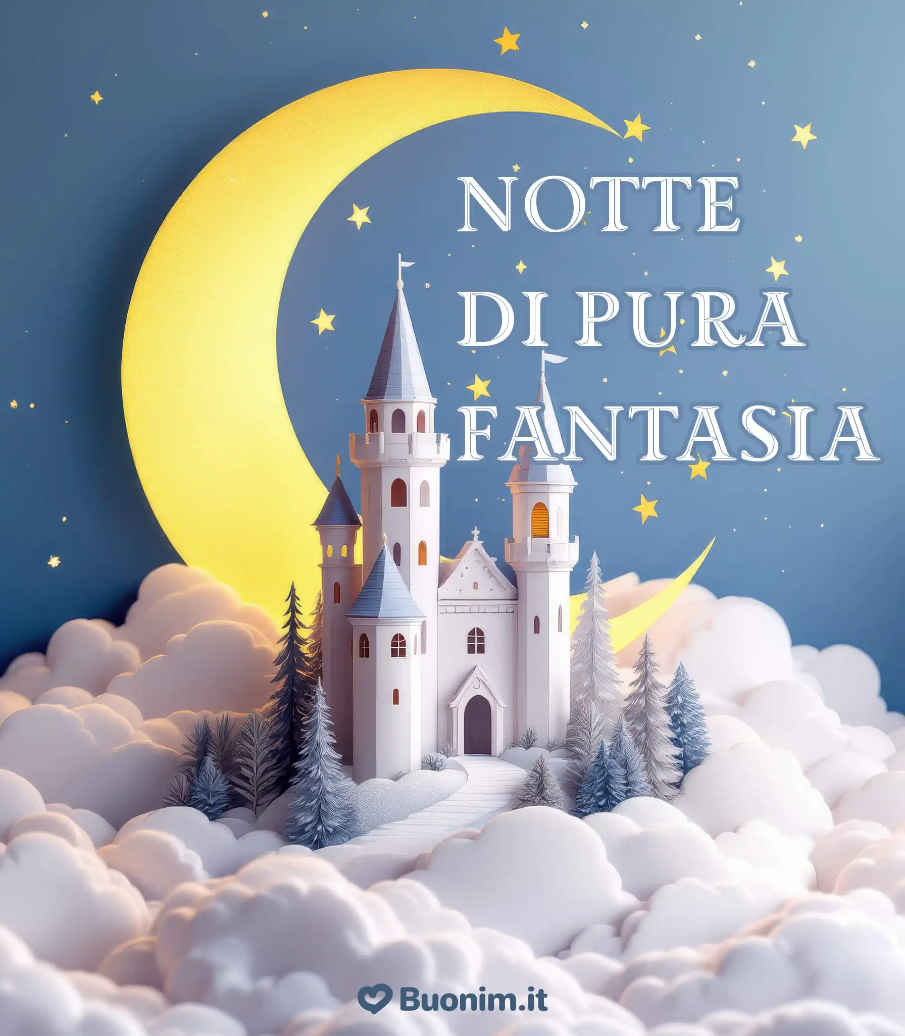 Castello tra le nuvole e luna dorata Passi soffici verso la fantasia. Sogni d’oro e pace nell’anima. A domani.