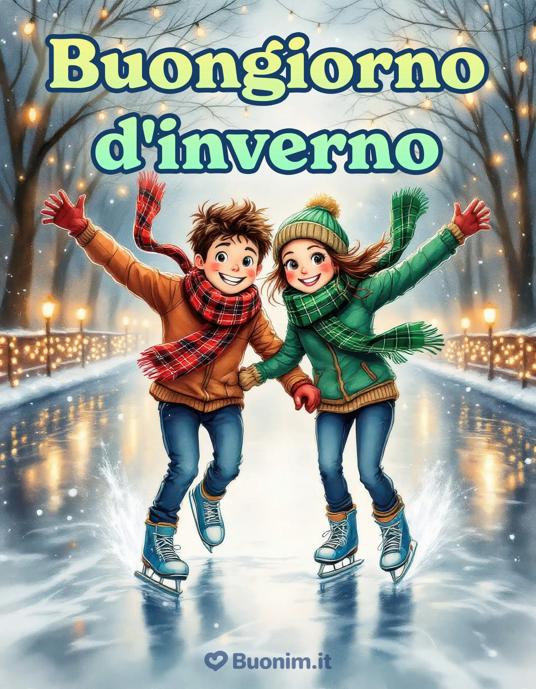 Luci sospese, ghiaccio che brilla e mani strette rendono il mattino leggero. Che la tua giornata scivoli via serena, con sorrisi e abbracci caldi.