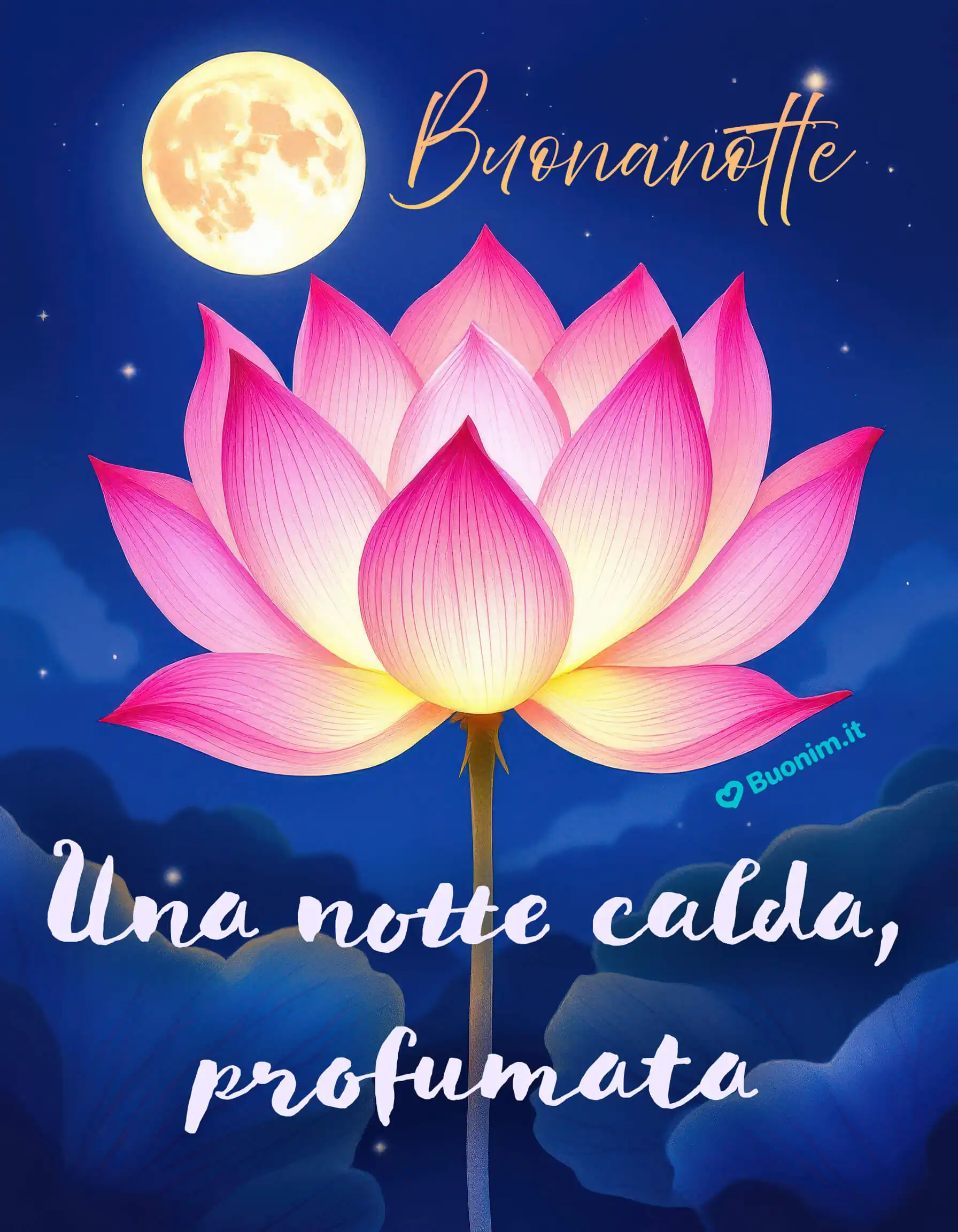 Buonanotte con fiore di loto sotto la luna Petali rosa che brillano nel silenzio, aria calda e profumata che porta serenità. Ti auguro una notte piena di pace e coccole per l’anima, chiudi gli occhi e lascia andare i pensieri. Scarica l’immagine e mandala con un abbraccione a chi vuoi bene.