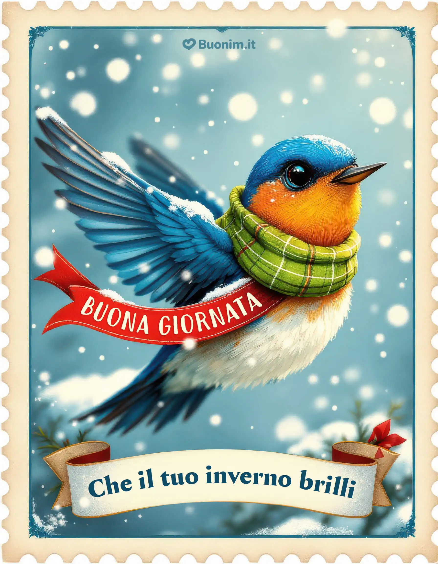 Profumo di francobollo, neve e ricordi che brillano, le ali portano un buongiorno tenero e luminoso. Un’immagine dell’inverno che scalda il cuore e fa tornare il sorriso. Ti auguro un giorno coccoloso pieno d’affetto.