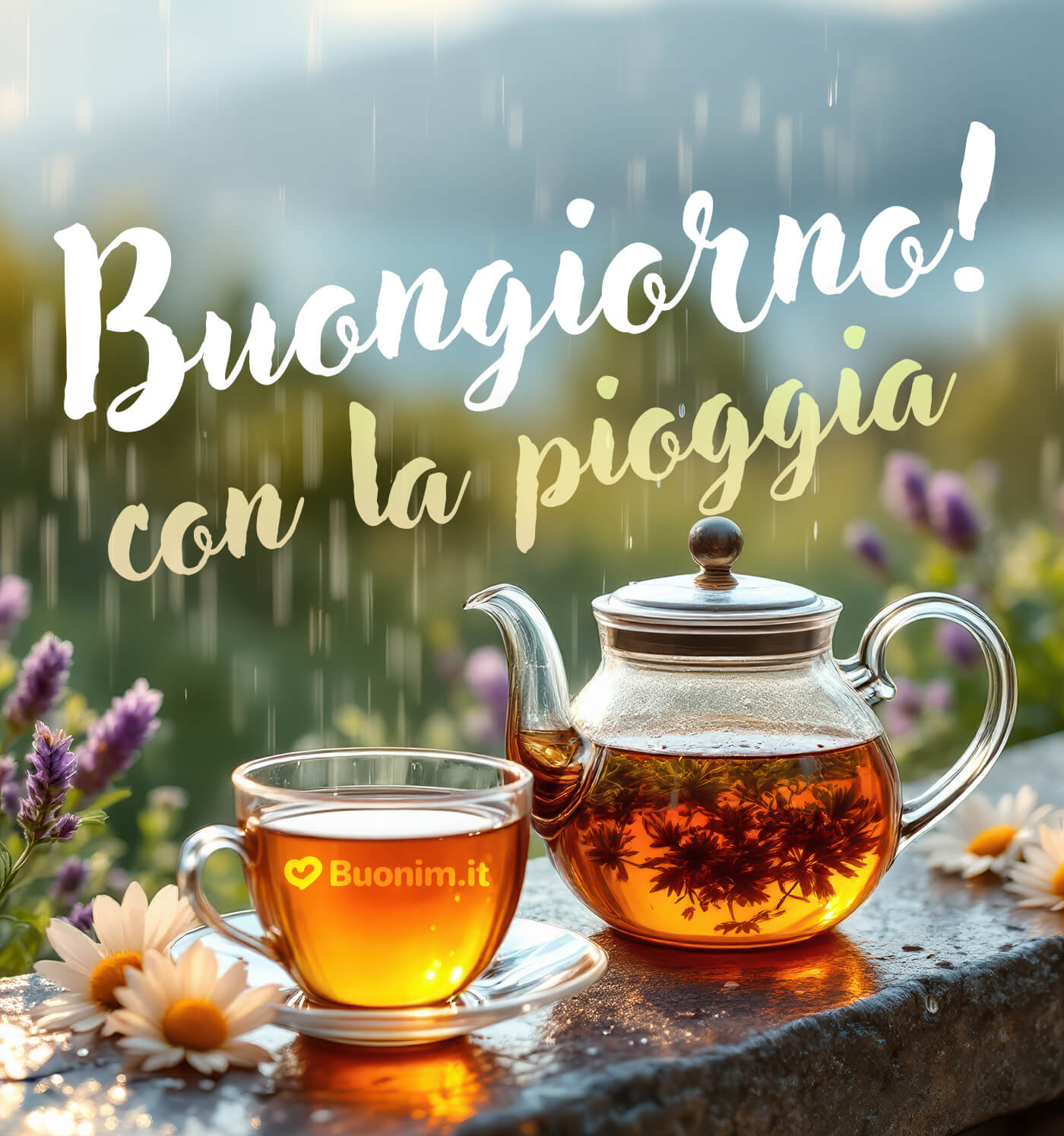 Ti mando coccole e buonumore anche con il cielo grigio Piove buongiorno con un abbraccio che scalda il cuore
