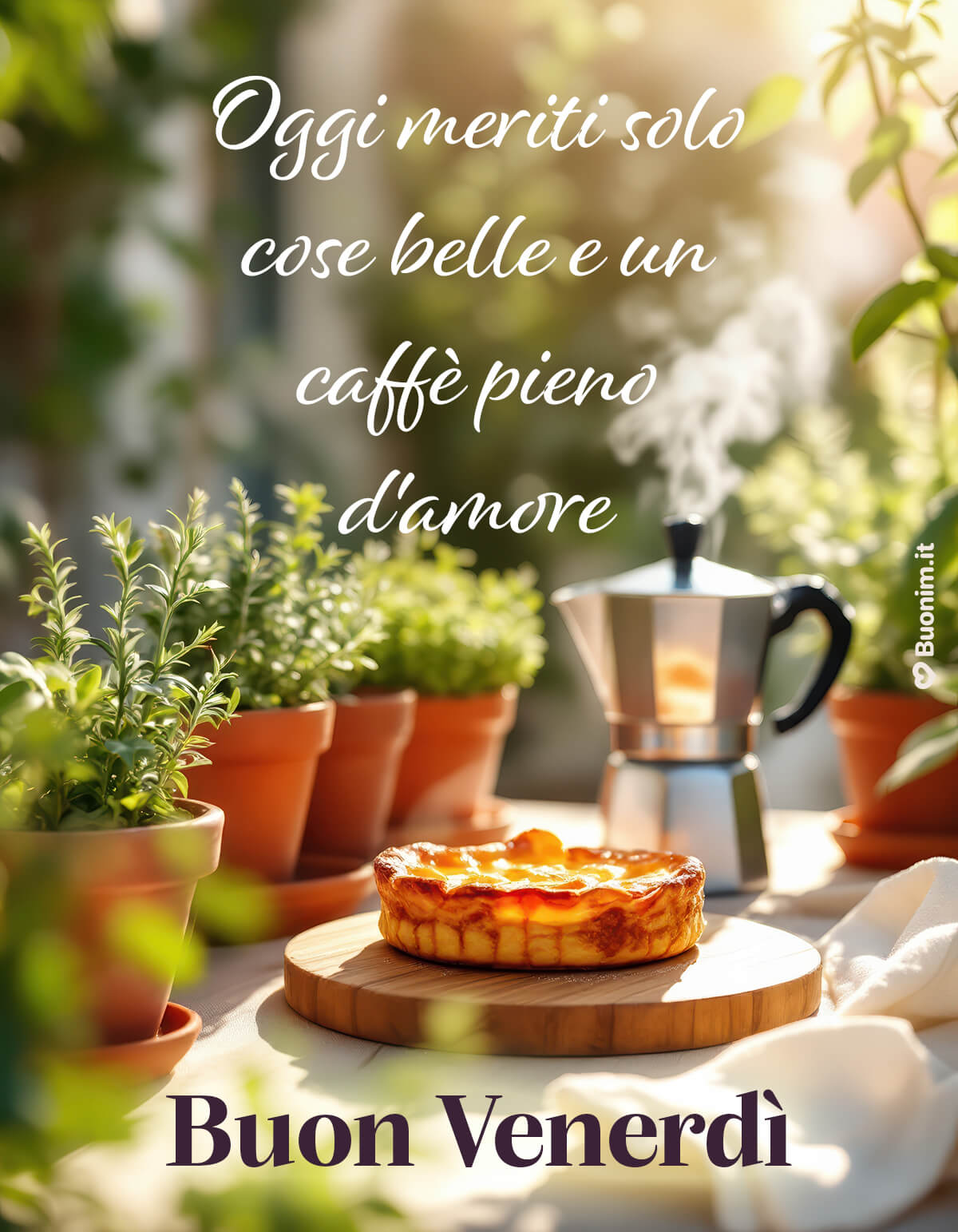Profumo di Moka, Buon Venerdì Verso il Weekend In terrazza la moka fuma e invita a rallentare con un dolce. Tra le immagini di buon venerdì per il fine settimana e il weekend, questa è perfetta da condividere con affetto.