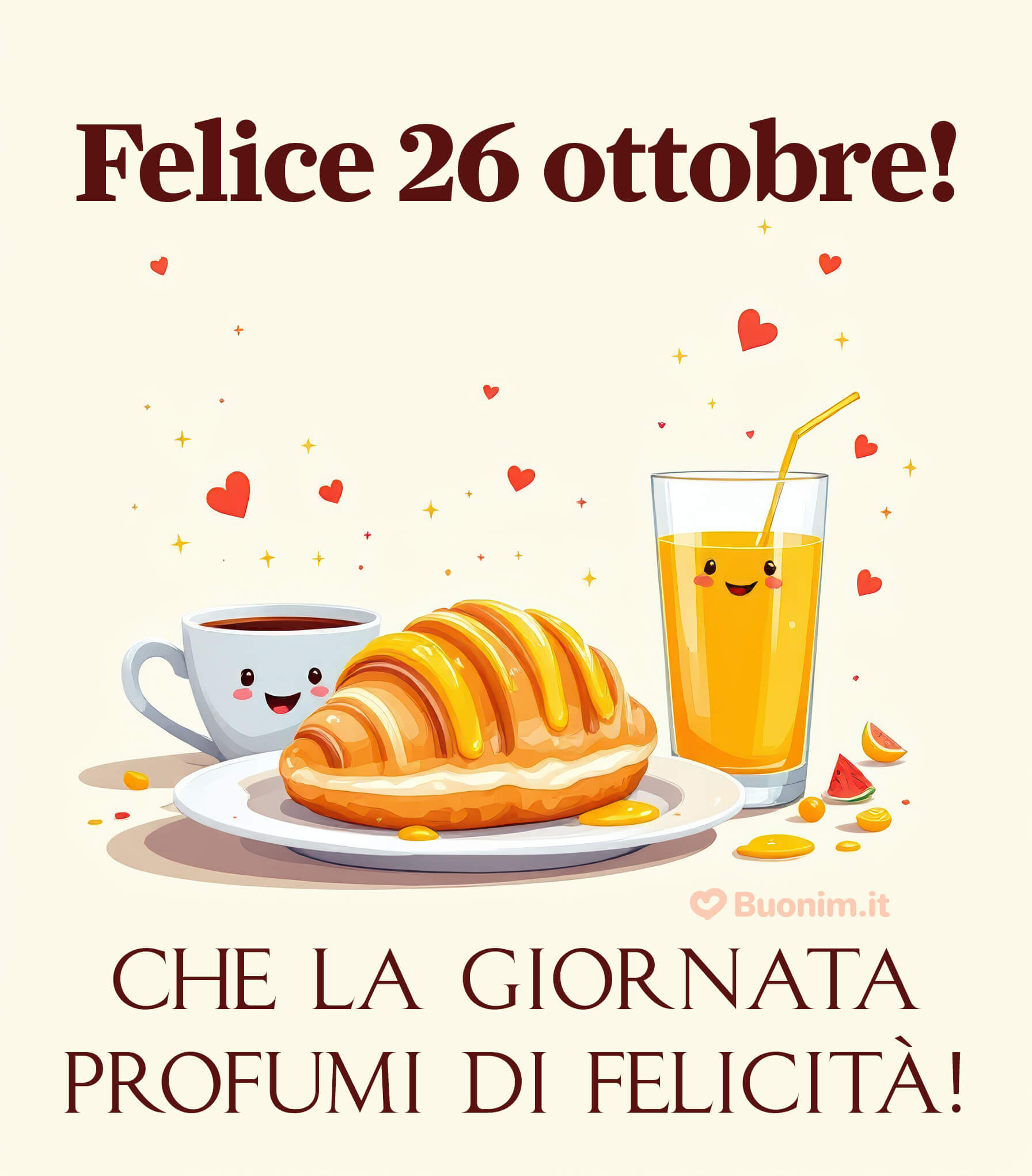 Buon 26 ottobre colazione di dolcezza e luce Profumo di brioche, caffè e succo sorridenti. Regala un buongiornissimo pieno di felicità e abbracci. Condividi questa immagine e porta una ventata di serenità a chi ami