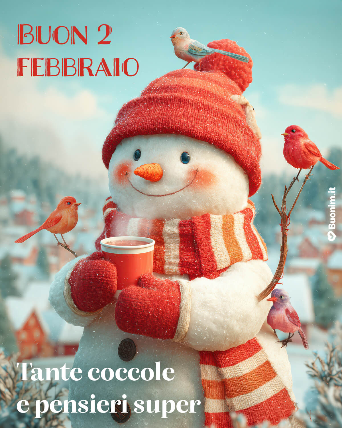 Con il cappello rosso e gli uccellini in festa, questo pupazzo ti porta pensieri speciali e tanta dolcezza. Buon 2 febbraio, prenditi un attimo di pace e un abbraccio.