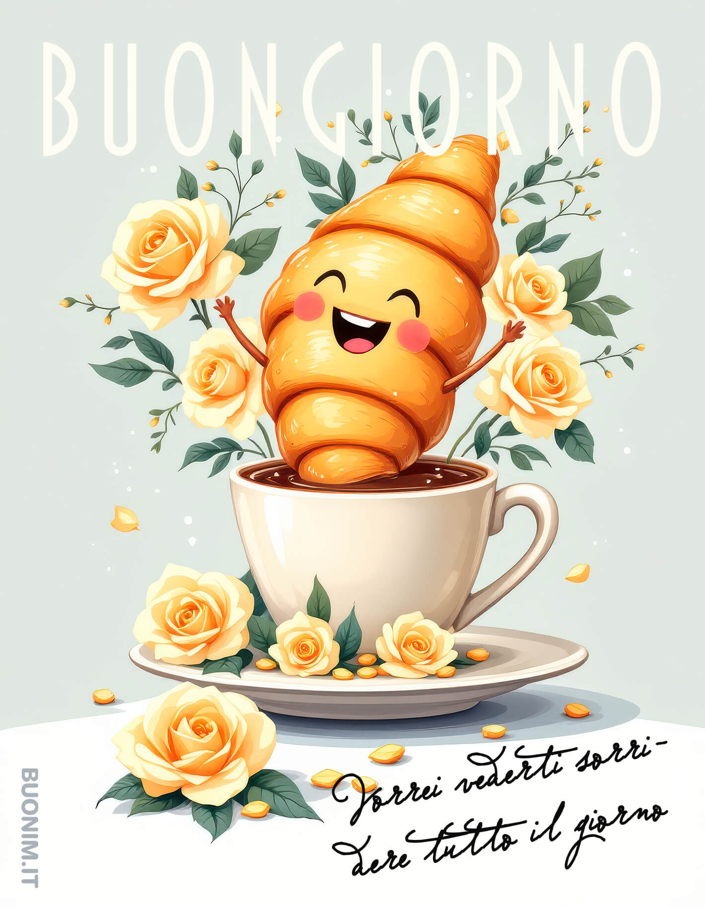 Tra rose gialle e una tazza di caffè, il cornetto più simpatico del mattino fa festa. Ti auguro un 27 febbraio pieno di entusiasmo e momenti divertenti.