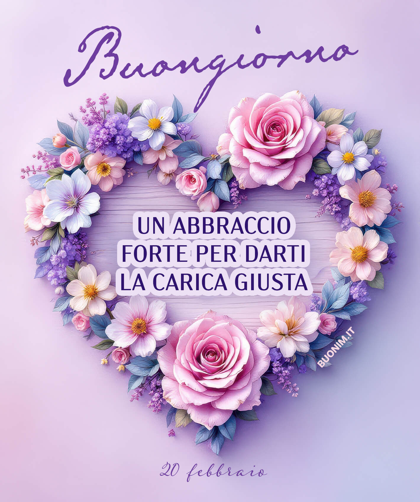 Per te, il 20 febbraio comincia con un abbraccio racchiuso tra rose rosa e fiori lilla. Ti auguro di affrontare ogni impegno con fiducia, sapendo che qualcuno ti pensa.
